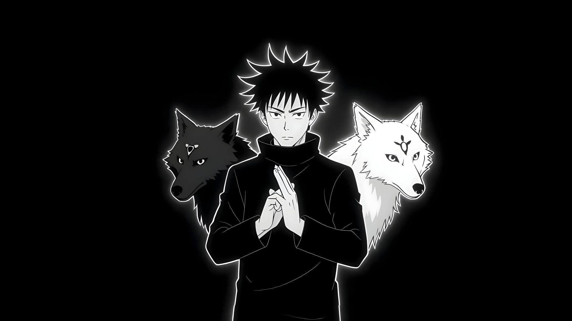 8K Ultra HD PC desktop wallpaper of Megumi Fushiguro (Jujutsu Kaisen): monochrome anime art of him in a hand-seal stance flanked by dark and white wolf shikigami on a black background.