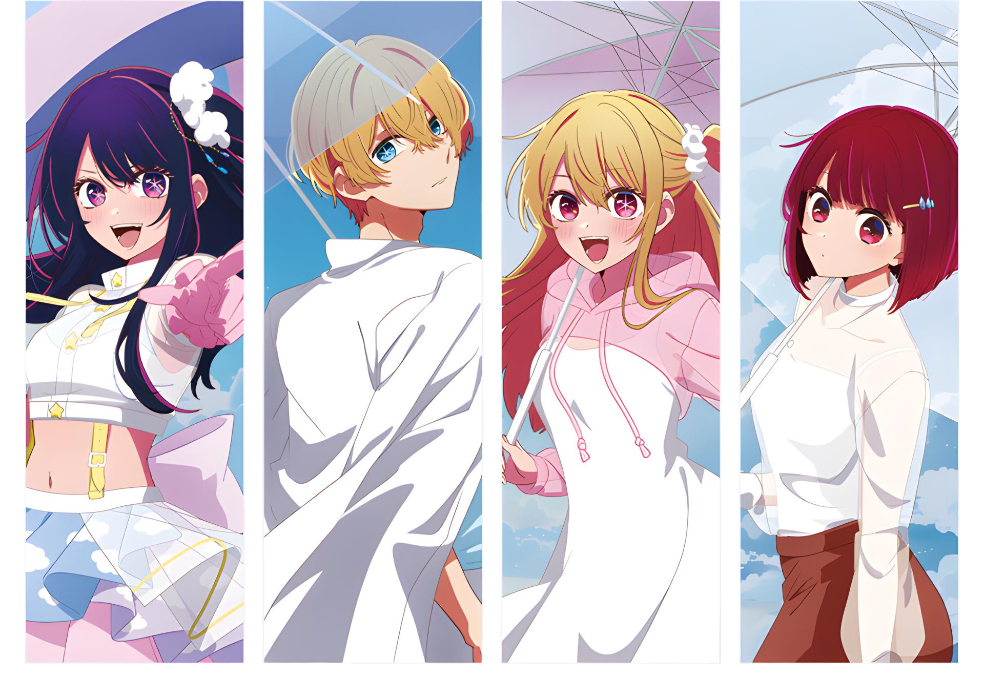 2K Quad HD PC desktop wallpaper: Anime Oshi no Ko quartet in four vertical panels — dark, silver, blonde, and red-haired idols against soft pastel backgrounds.