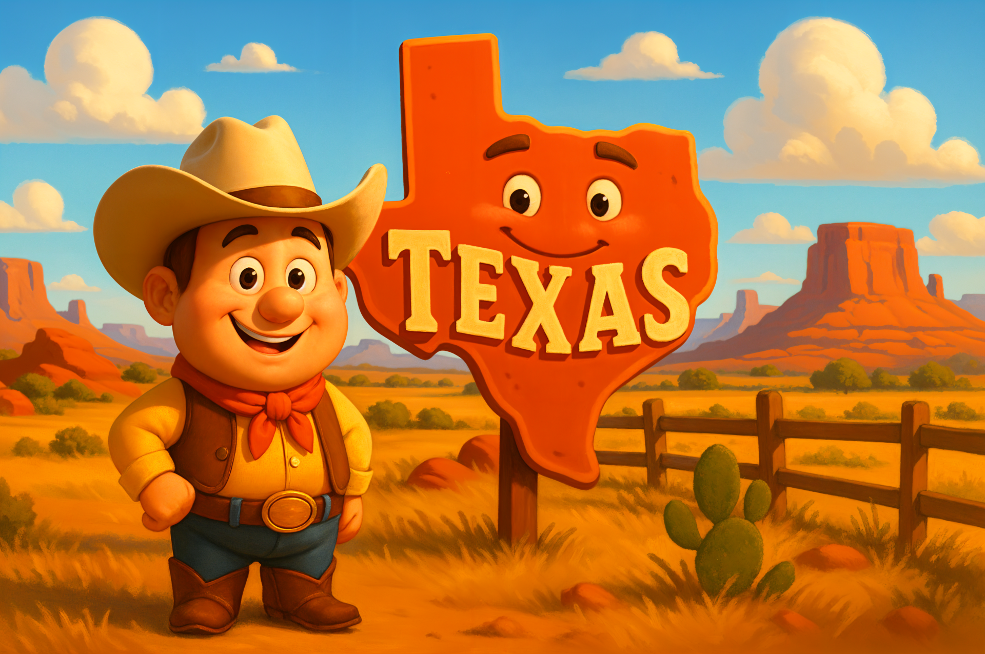 Colorful 4K Ultra HD PC desktop wallpaper featuring a smiling cowboy next to a cartoon Texas state sign in a vibrant desert landscape under a blue sky.