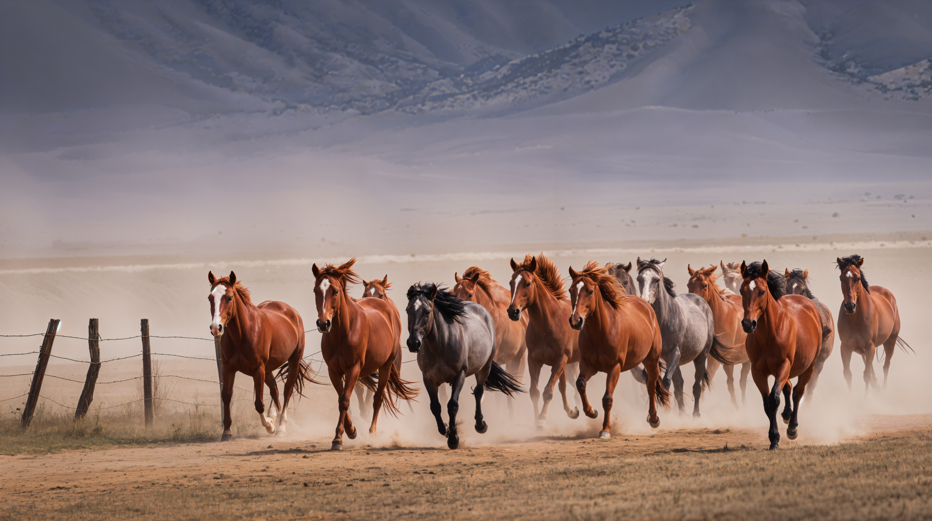 A 4K Ultra HD PC desktop wallpaper capturing a dynamic stampede of horses running across an open plain with mountains in the background.