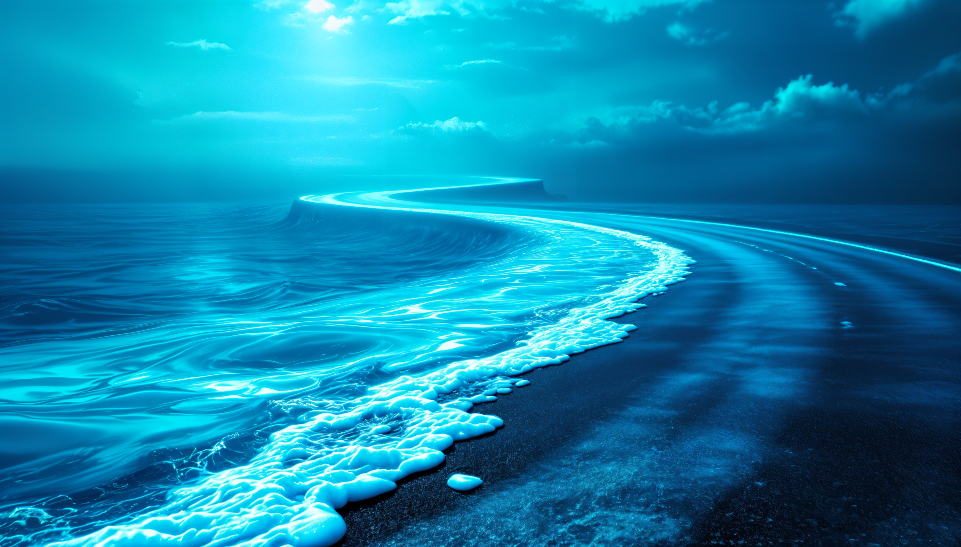 A surreal 4K Ultra HD road trip wallpaper featuring a winding coastal road with waves gently washing over the asphalt under a bright, blue sky.