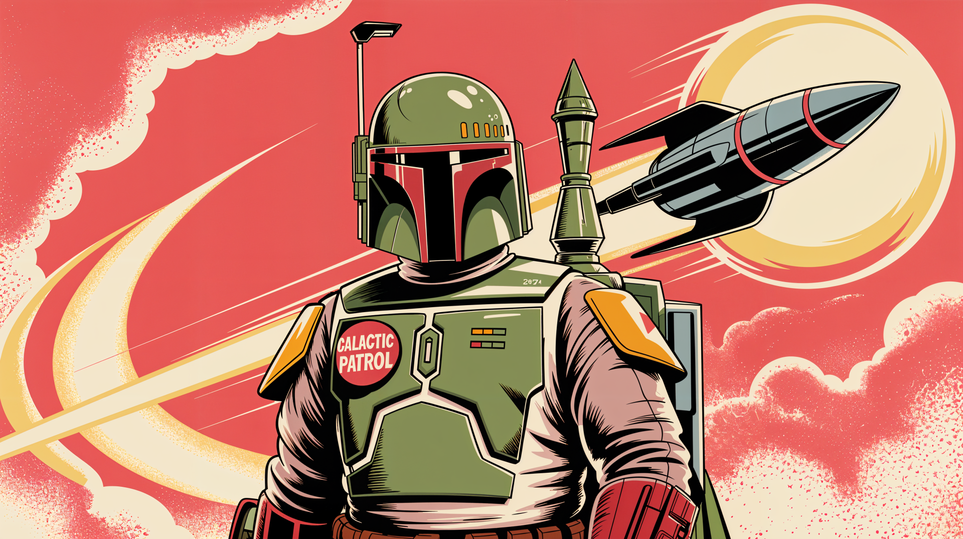 Boba Fett stands boldly in front of a fiery sky with a rocket launching behind him, captured in vibrant 4K Ultra HD detail for a PC desktop wallpaper.