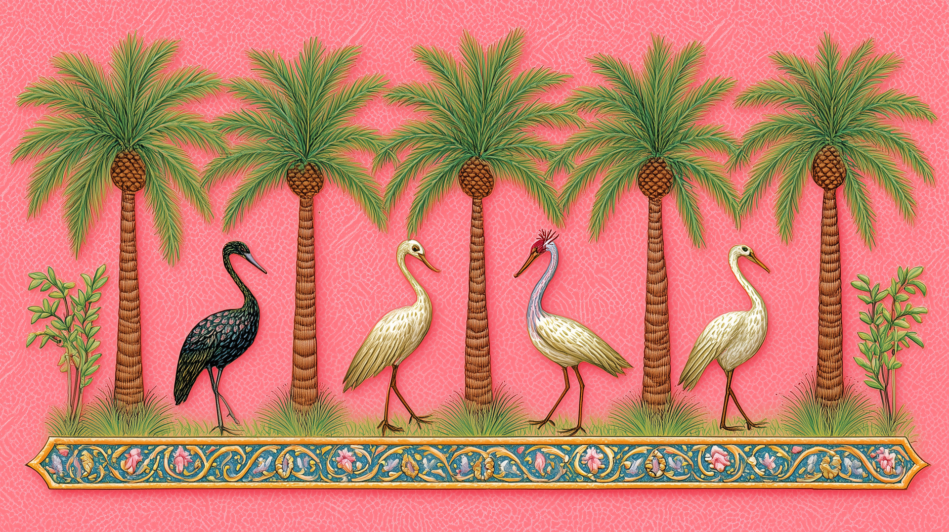 Whimsical HD desktop wallpaper featuring a row of palm trees with colorful geese against a vibrant pink background.