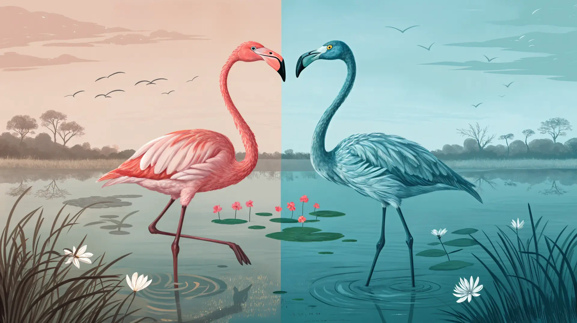 4K Ultra HD desktop wallpaper featuring a stylized pink flamingo on the left and a blue flamingo on the right, standing gracefully in a serene water landscape.