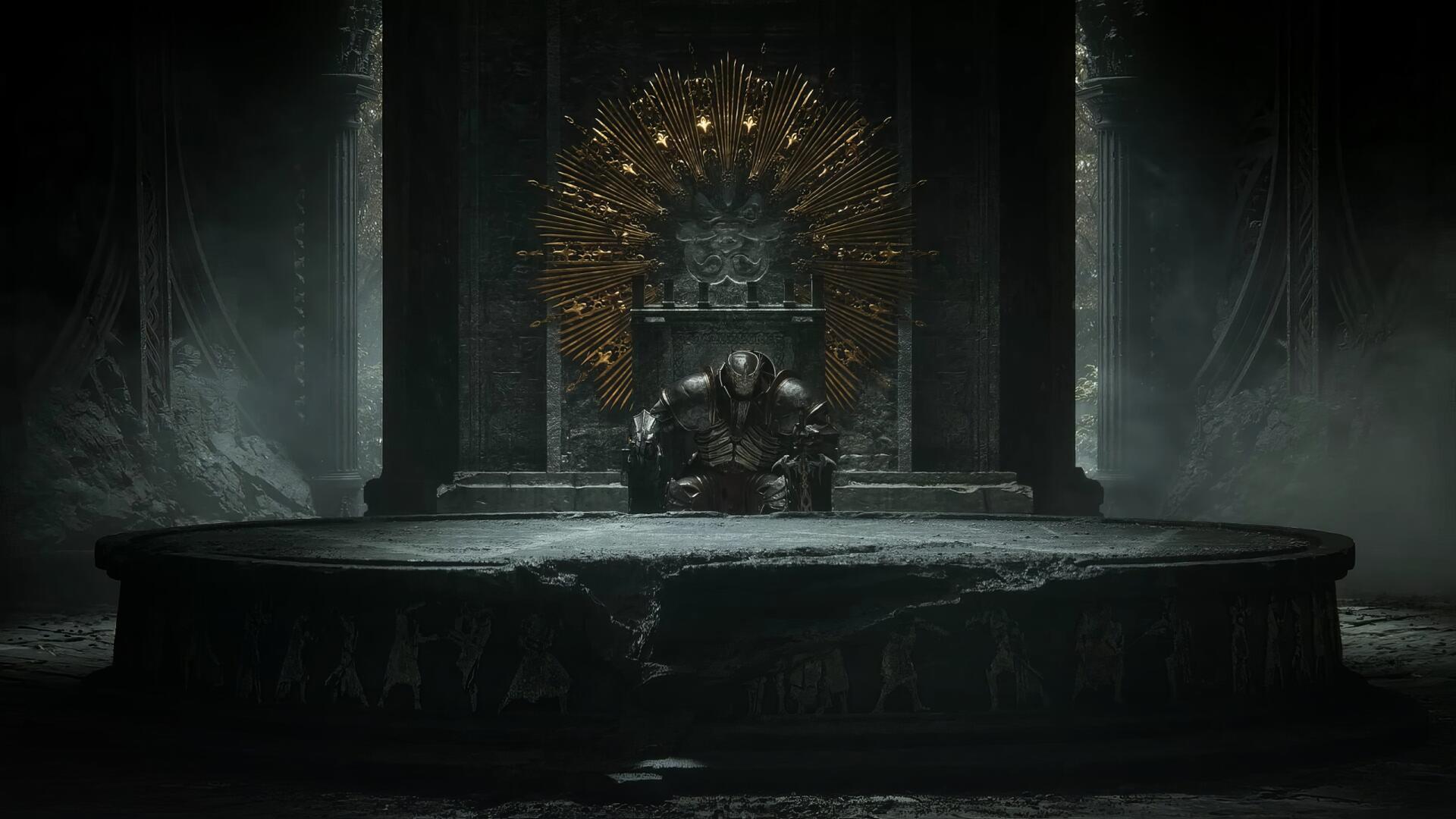 Dark, moody HD desktop wallpaper from the video game Tainted Grail: The Fall of Avalon, featuring a lone armored figure seated on a throne in a shadowy, ominous setting.