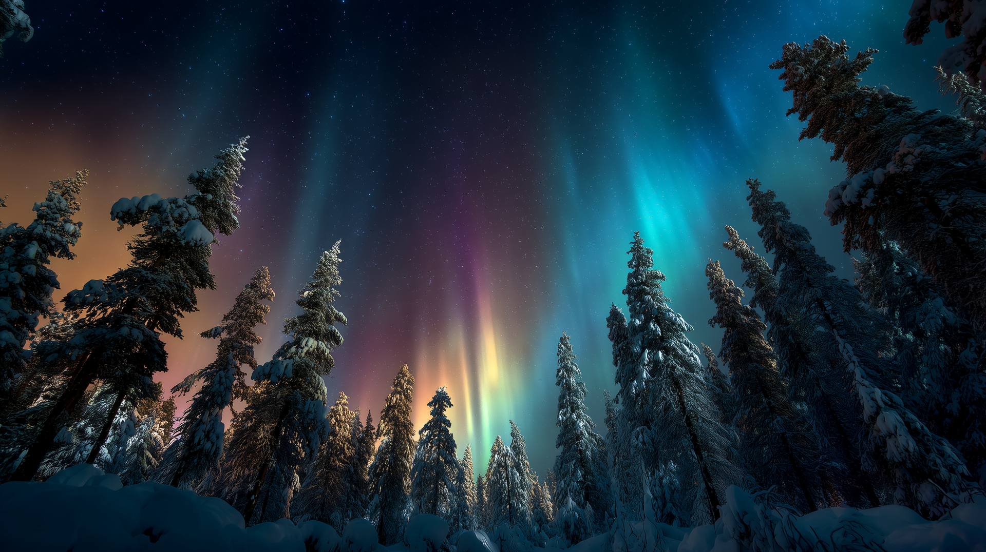 HD desktop wallpaper of a snowy forest landscape under vibrant Northern Lights illuminating the night sky.