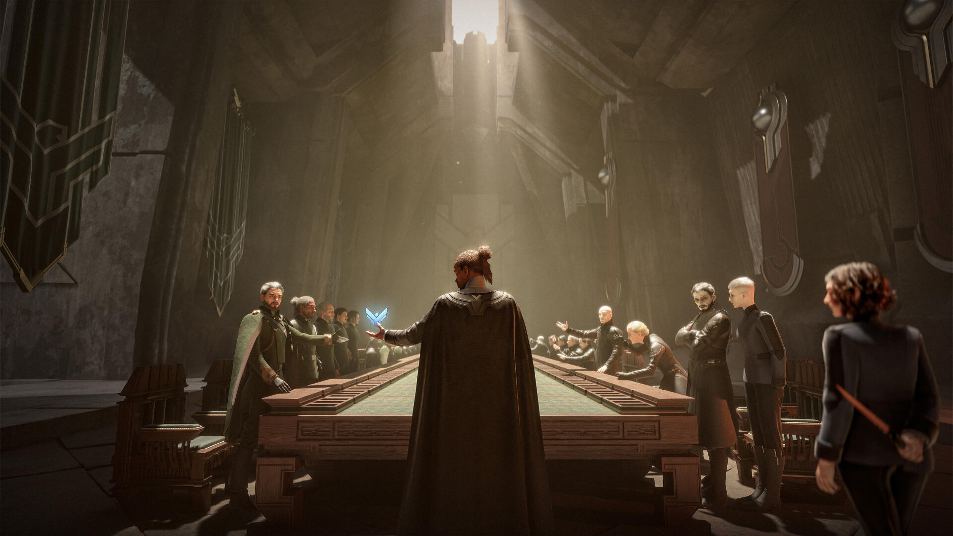 4K Ultra HD PC desktop wallpaper featuring a dramatic council scene from the video game Dune: Awakening, with characters gathered around a large table in a dimly lit room.