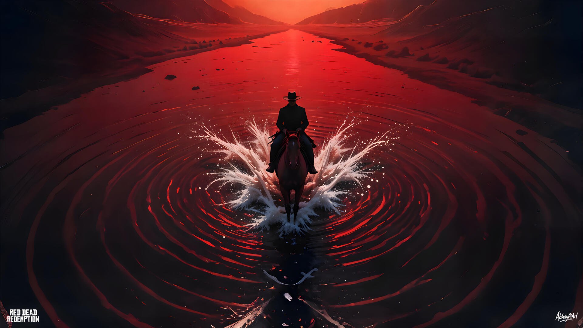 A lone rider on horseback splashes through water at sunset in this 8K Ultra HD Red Dead Redemption 2 PC desktop wallpaper, capturing the game's immersive western atmosphere.