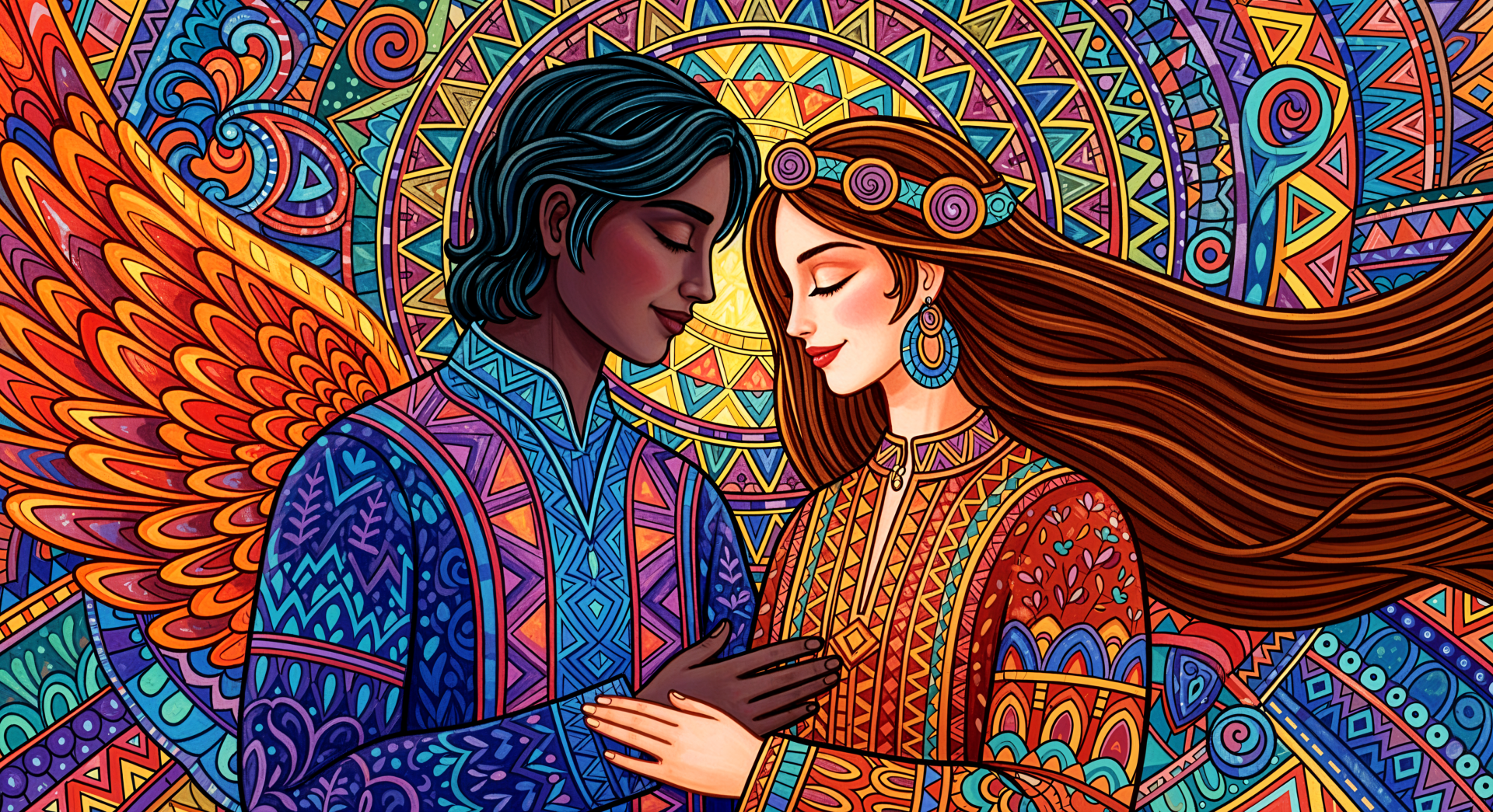 A vibrant 4K Ultra HD PC desktop wallpaper depicting a soulmate connection between a man and woman in intricate, colorful, and ornate patterns and attire.