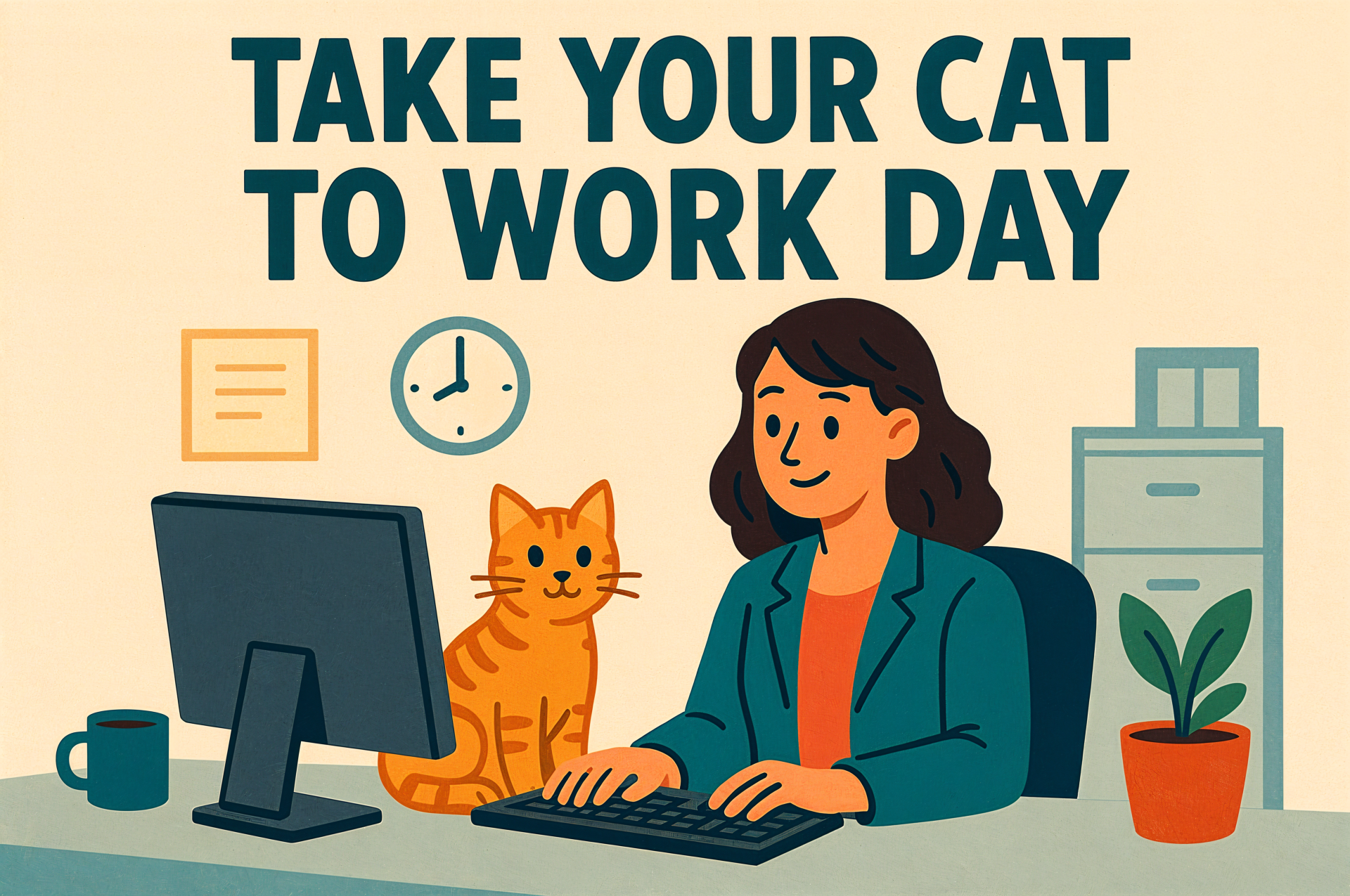 4K Ultra HD desktop wallpaper featuring a woman working at a computer with a cat beside her in an office setting celebrating Take Your Cat to Work Day.
