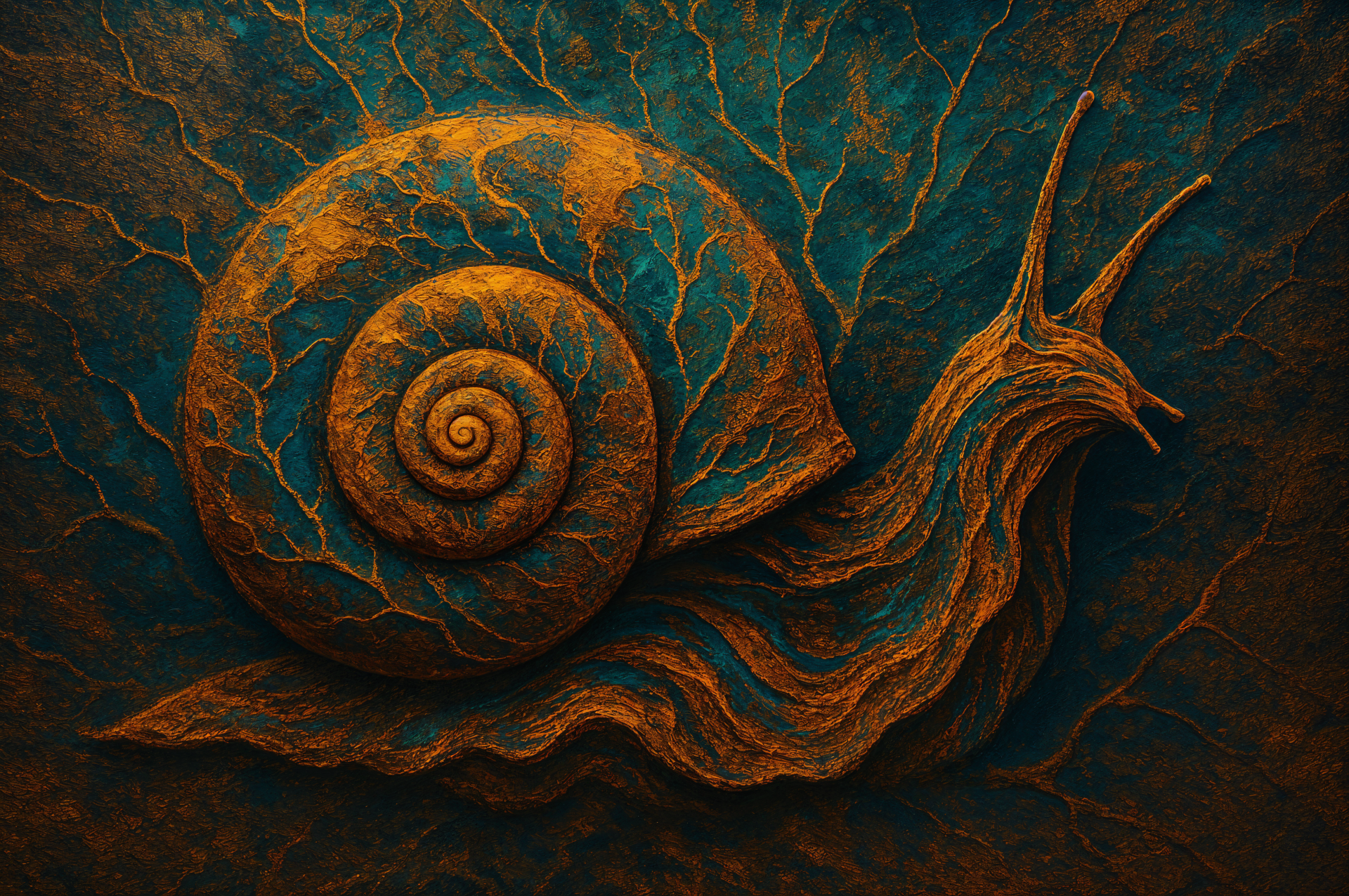 4K Ultra HD desktop wallpaper featuring a detailed, artistic rendering of a snail with textured, earthy tones and intricate patterns on its shell and body.