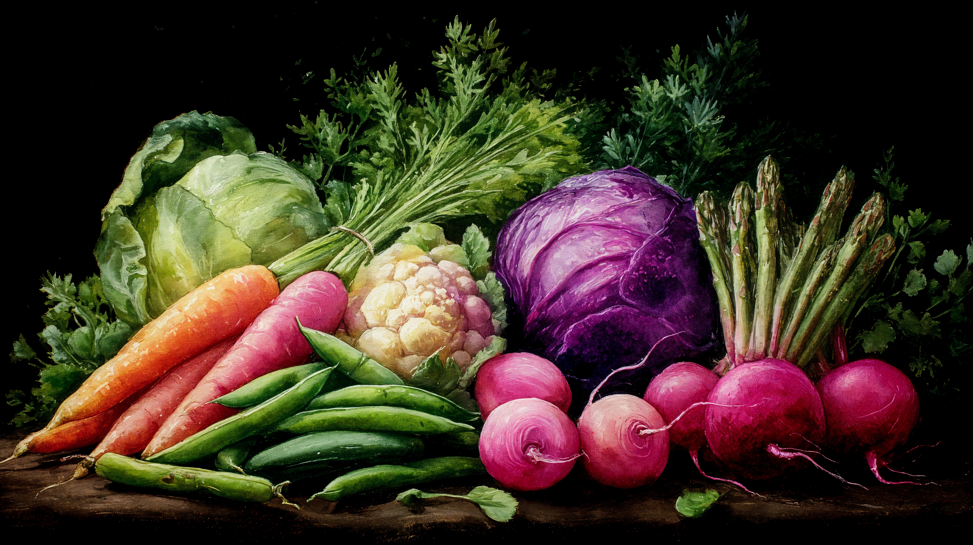 A vibrant assortment of fresh vegetables including carrots, cabbage, purple cabbage, cauliflower, radishes, green beans, and asparagus, captured in a 4K Ultra HD PC desktop wallpaper.