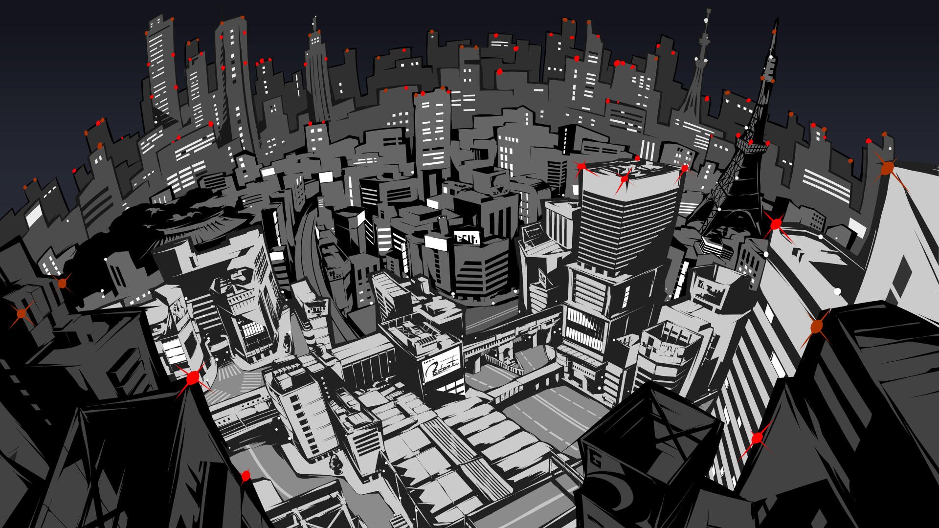 Persona 5 Royal 4K Ultra HD PC desktop wallpaper and background: stark black, white and red comic-style bird’s-eye view of a sprawling Tokyo cityscape.