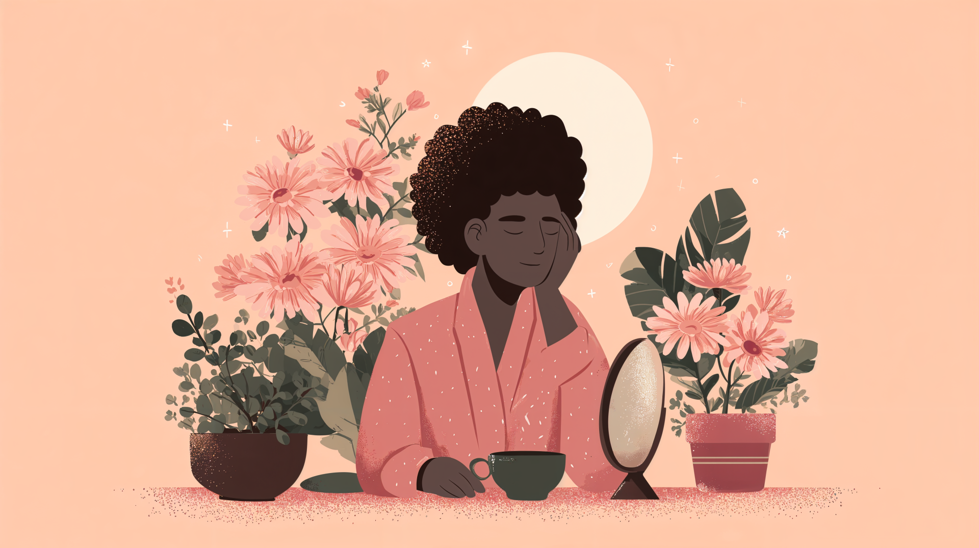 4K Ultra HD desktop wallpaper of a woman practicing self-care, surrounded by blooming flowers and greenery, with a calming pastel background.