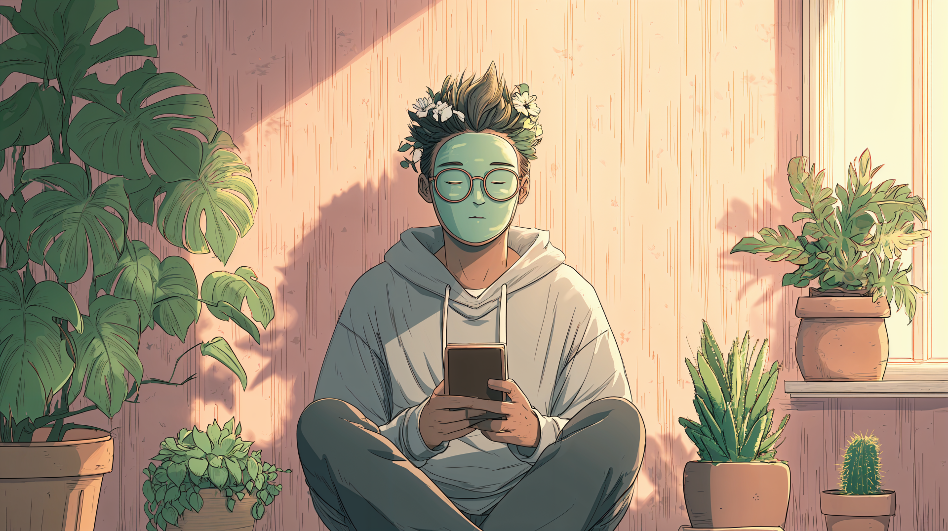 4K Ultra HD desktop wallpaper of a man practicing self-care, sitting cross-legged indoors surrounded by lush plants, wearing glasses and a hoodie while using a smartphone.