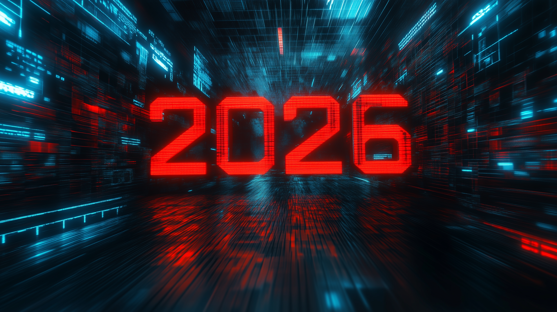 HD PC desktop wallpaper featuring bold red typography of 2026 set against a glowing, futuristic digital grid background.
