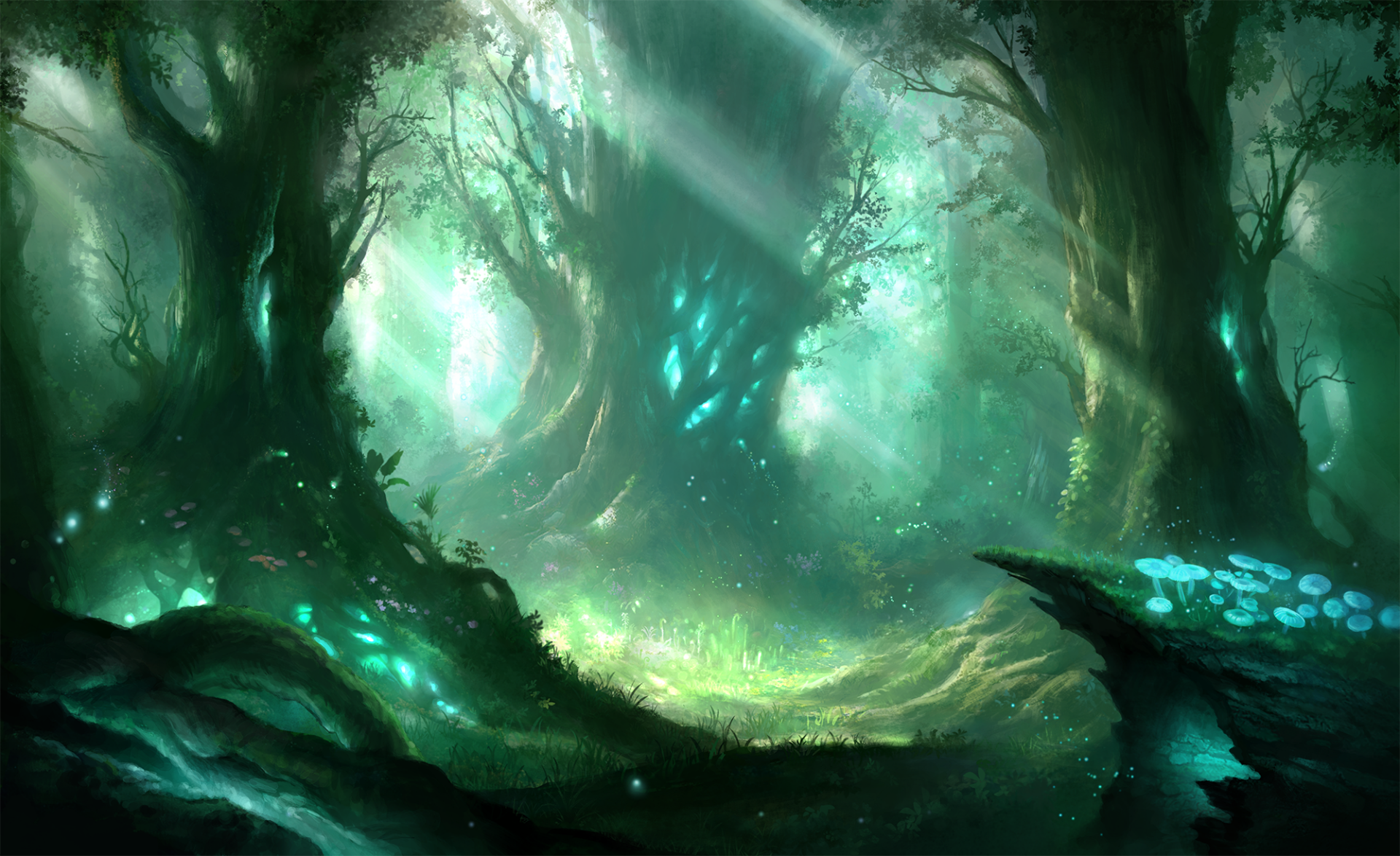 HD PC desktop wallpaper from the video game Shadowverse: Worlds Beyond, depicting a mystical forest with glowing blue-green lights and towering ancient trees.