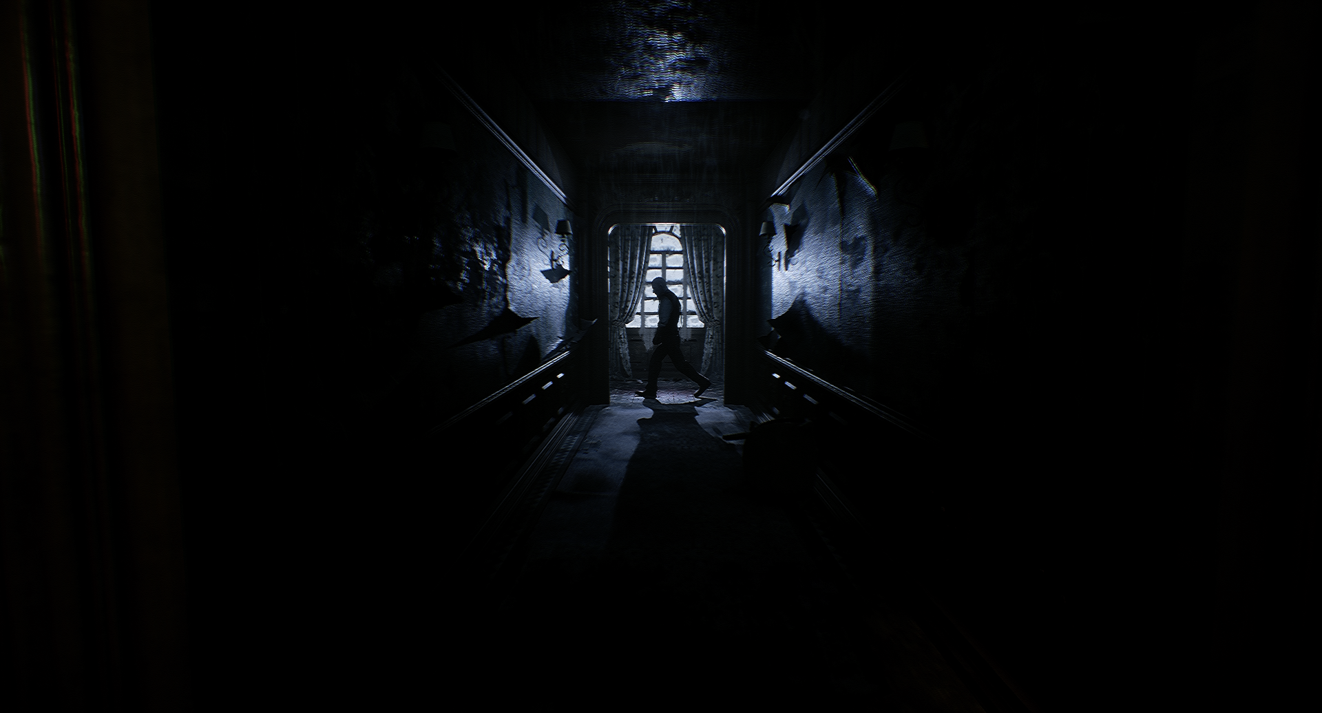HD PC desktop wallpaper from the video game The Dark Occult, depicting a dark, eerie hallway with a silhouetted figure at the end.