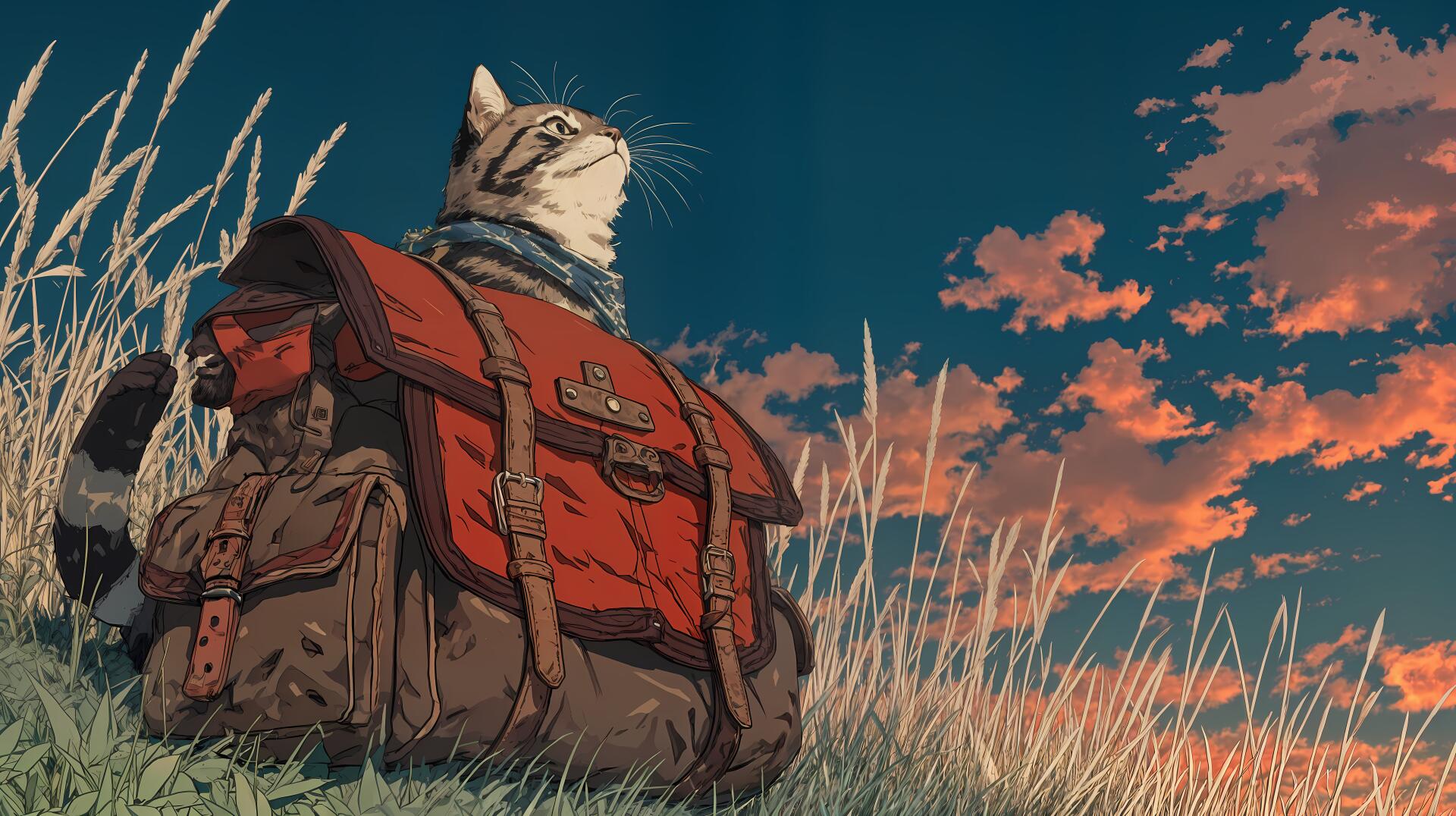 Illustrated cat with a red backpack sitting in tall grass at sunset — stylized 4K Ultra HD PC desktop wallpaper and background.