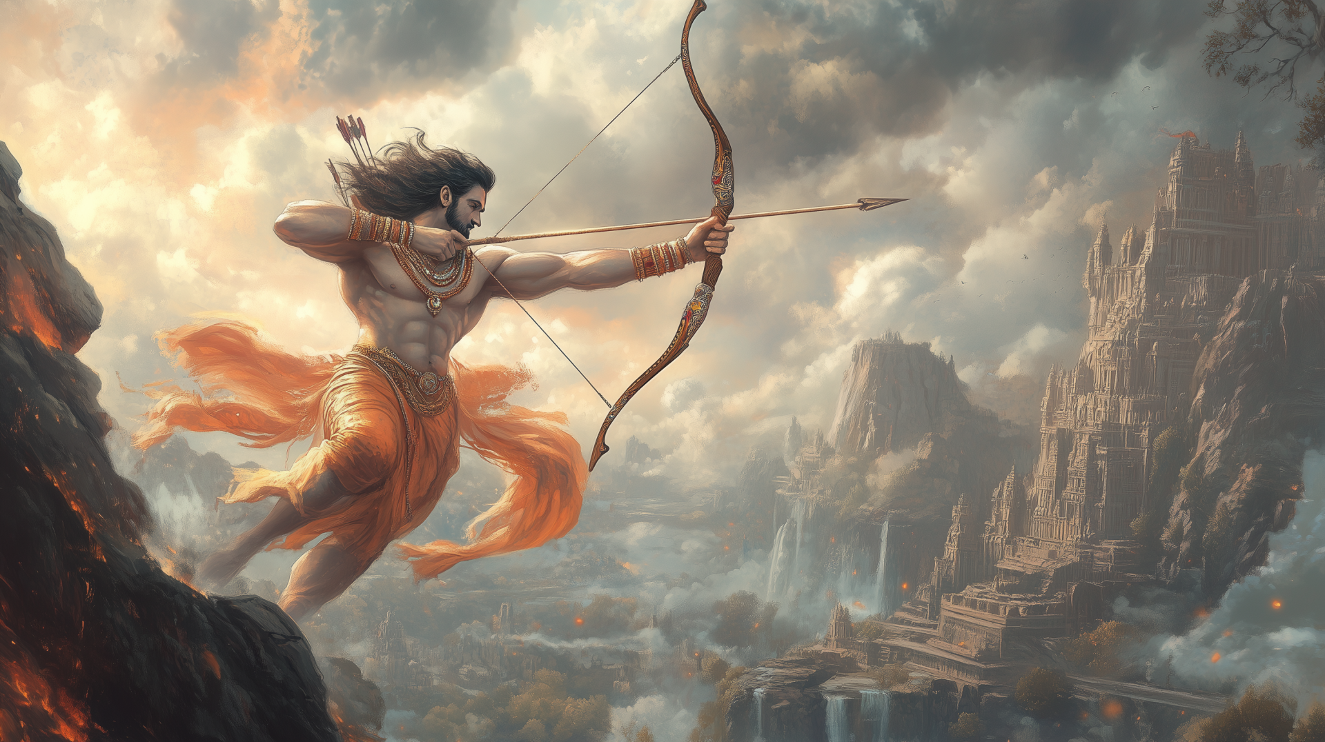 HD desktop wallpaper depicting the Hindu god Lord Ram aiming his bow, set against a dramatic sky with sunlight breaking through clouds in a fantasy landscape.