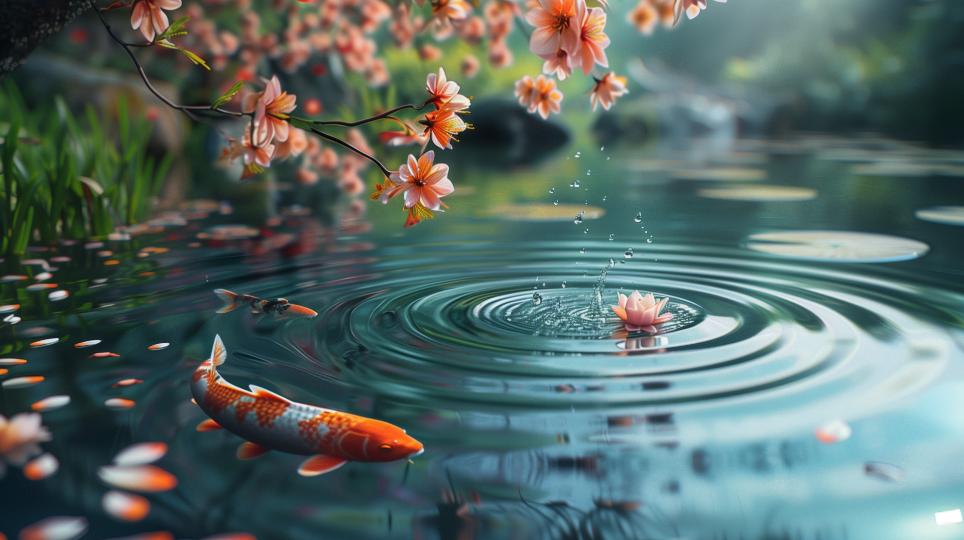 HD desktop wallpaper featuring vibrant koi fish swimming beneath delicate blossom petals and water drops creating ripples on a serene pond.