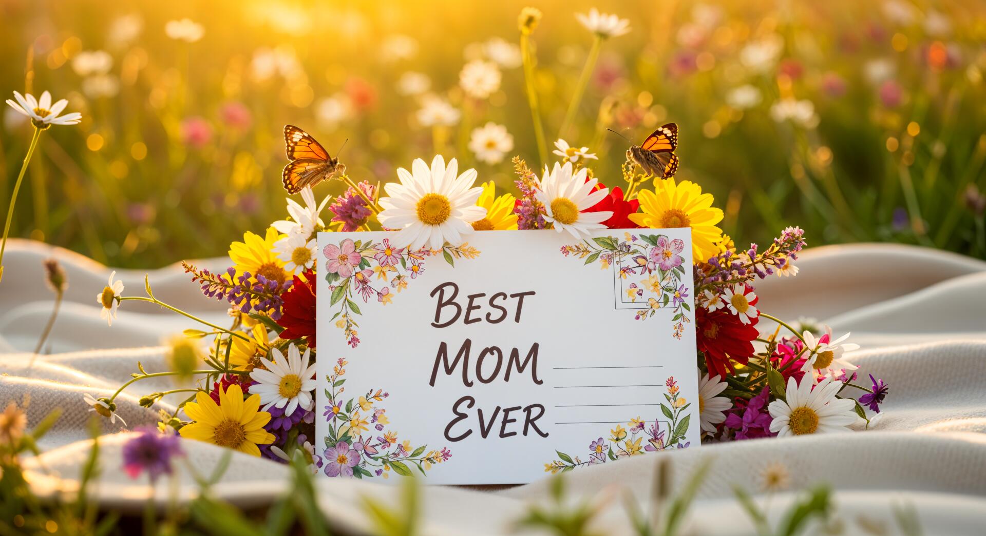 A vibrant 4K Ultra HD desktop wallpaper featuring a Best Mom Ever card surrounded by colorful wildflowers and butterflies in a sunlit meadow.