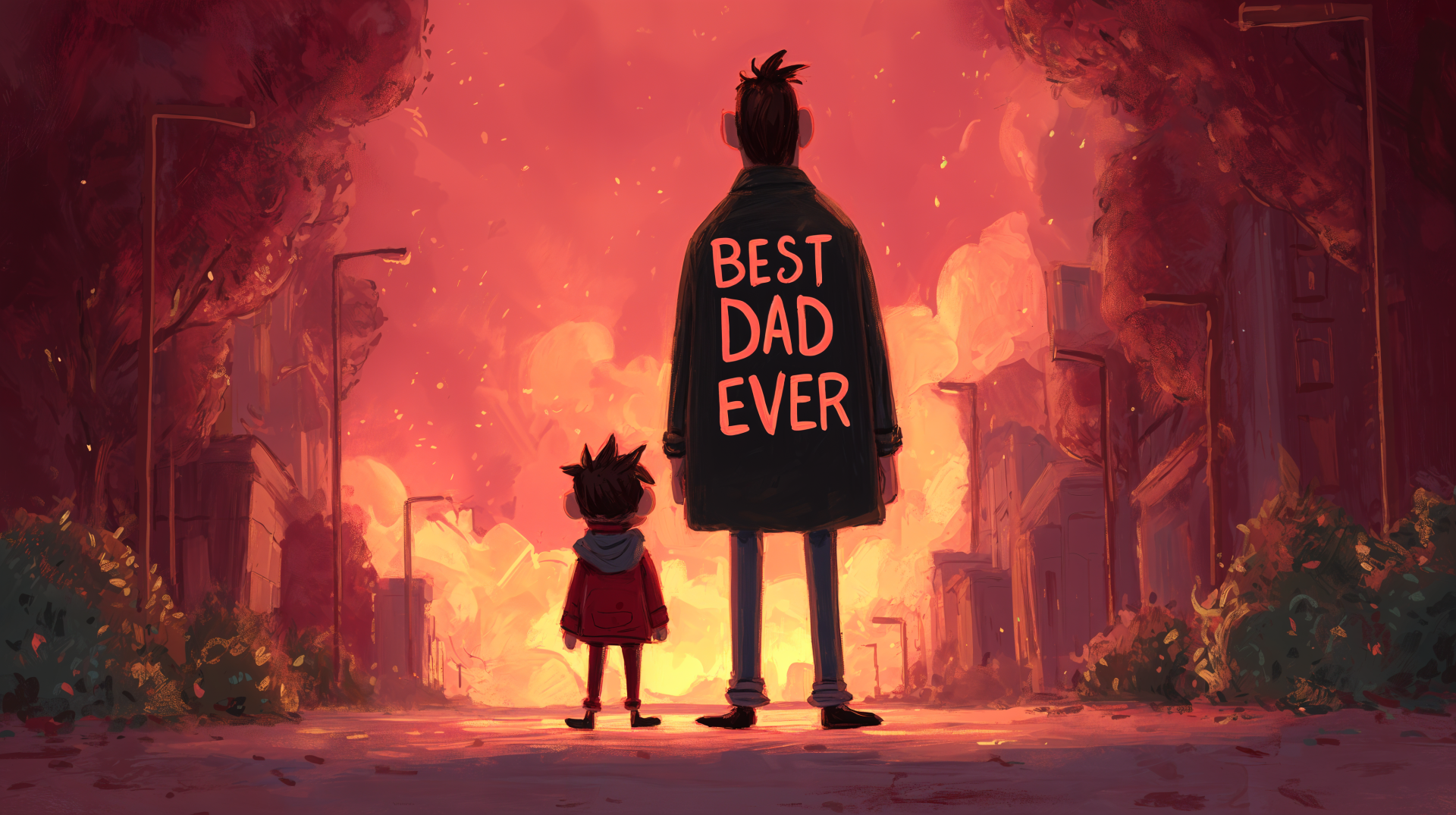 4K Ultra HD PC desktop wallpaper showing silhouetted father and child standing together with Best Dad Ever text on father’s back against a warm, glowing city backdrop.