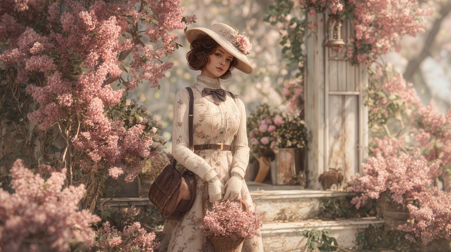A vintage spring scene featuring a woman in period attire holding flowers, surrounded by blooming pink blossoms, rendered in 4K Ultra HD for PC desktop wallpaper.