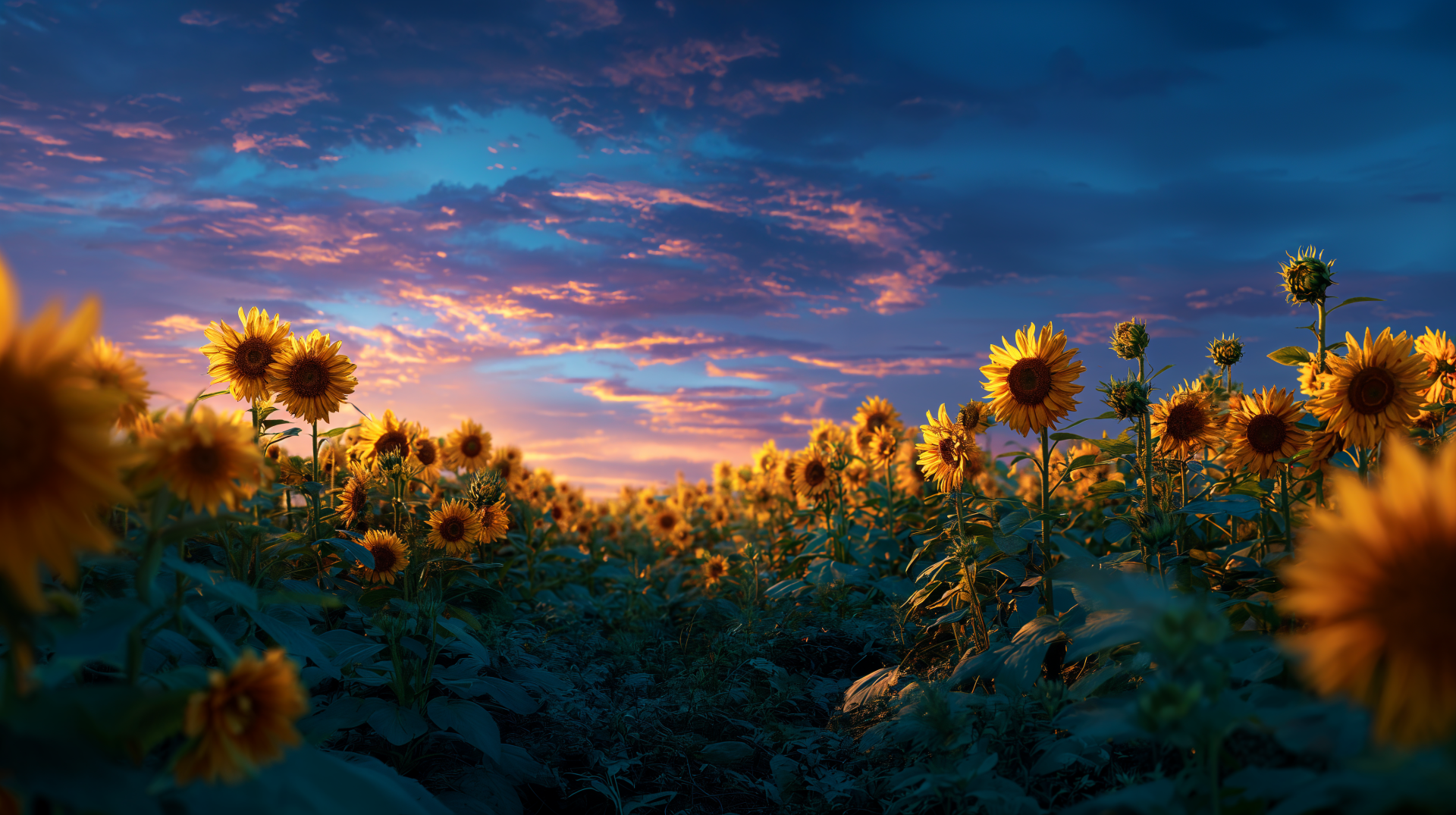 A vibrant field of sunflowers under a dramatic sunset sky, captured in stunning 4K Ultra HD for a nature-themed PC desktop wallpaper.