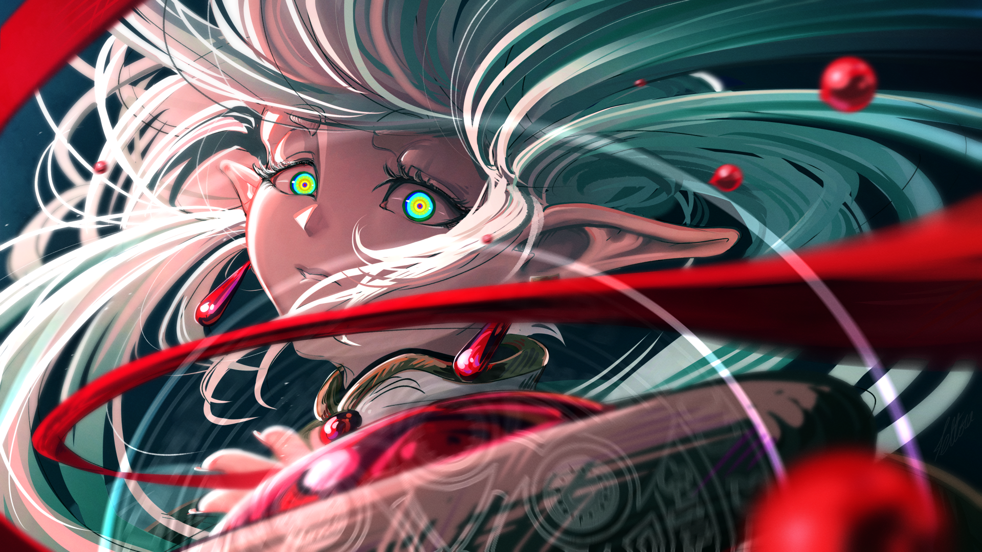 Anime 4K Ultra HD PC desktop wallpaper: Frieren from Frieren: Beyond Journey's End — close-up with glowing green eyes, flowing white hair and swirling red magical ribbons.