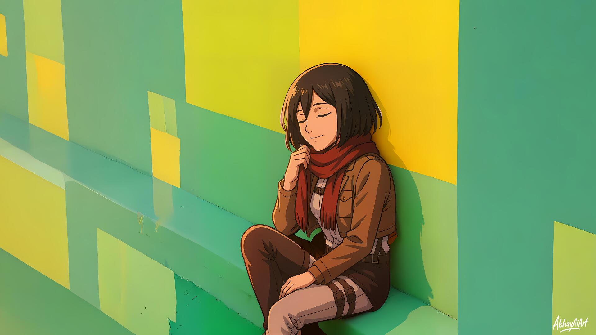 8K Ultra HD desktop wallpaper of Mikasa Ackerman from Attack on Titan (Wings of Freedom, Junior High), relaxing against a yellow-green geometric wall.
