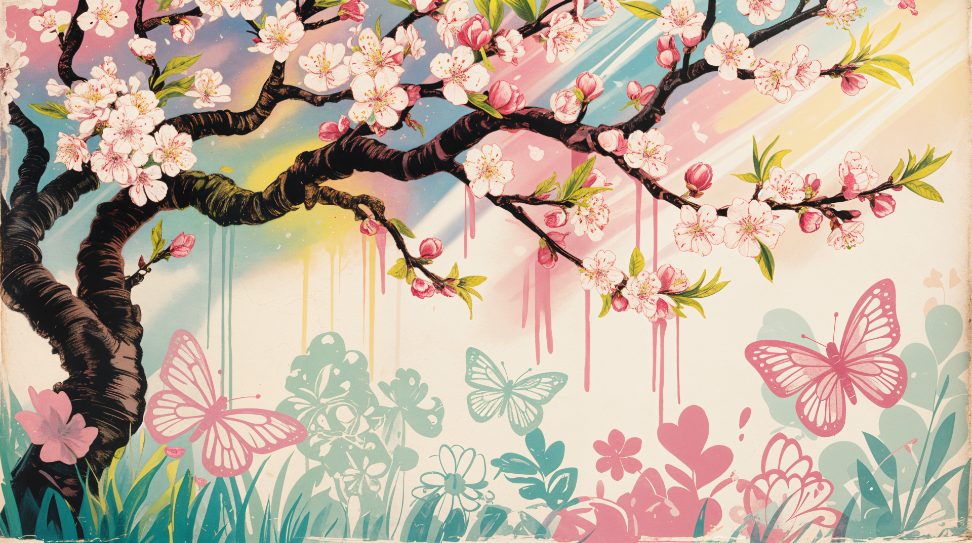 A vintage spring scene with blooming cherry blossoms, pastel butterflies, and soft sunlight, rendered in 4K Ultra HD for PC desktop wallpaper and background.