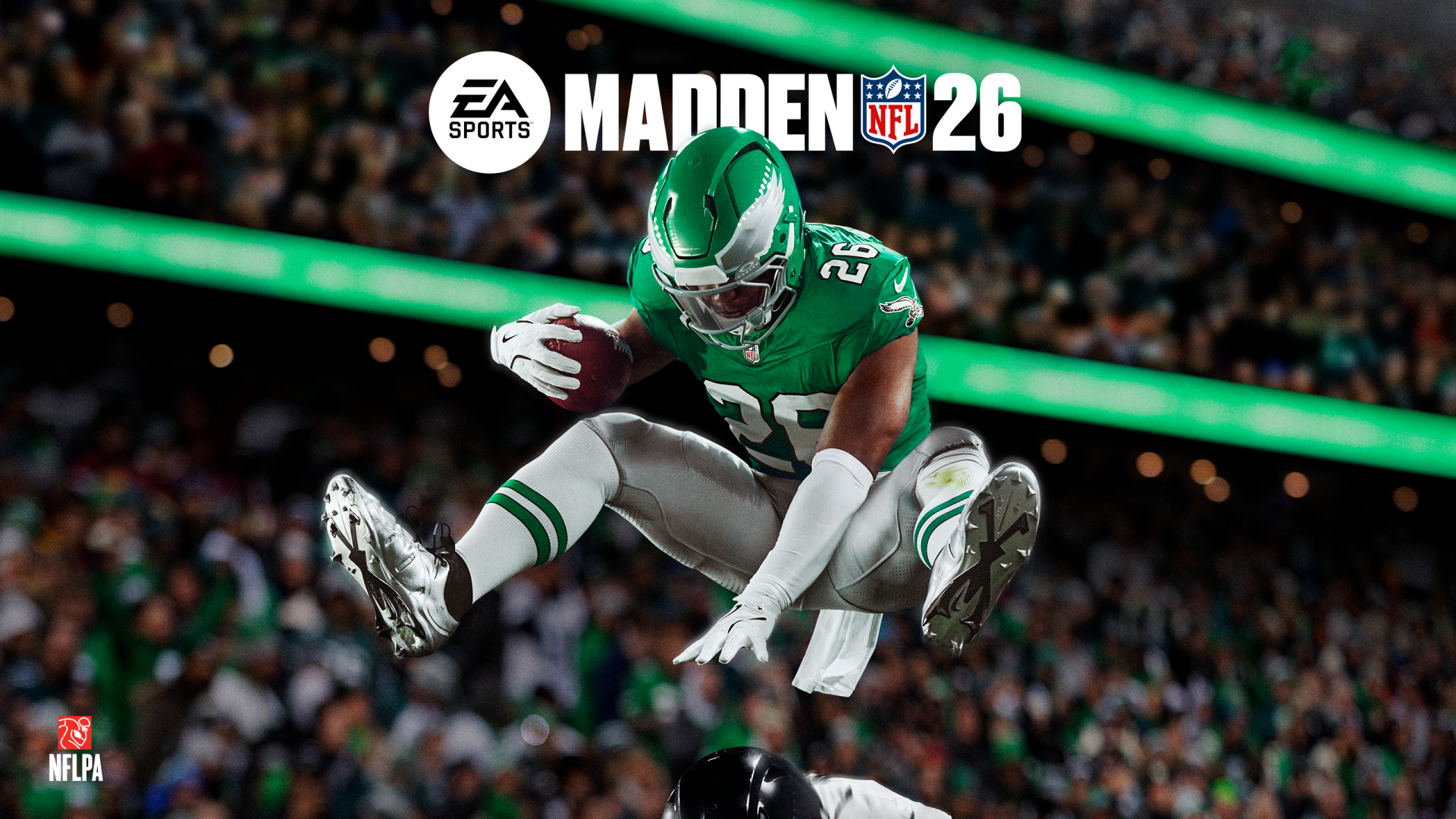 HD PC desktop wallpaper depicting a dynamic action scene from the Madden NFL 26 video game, featuring a football player mid-air during a game.