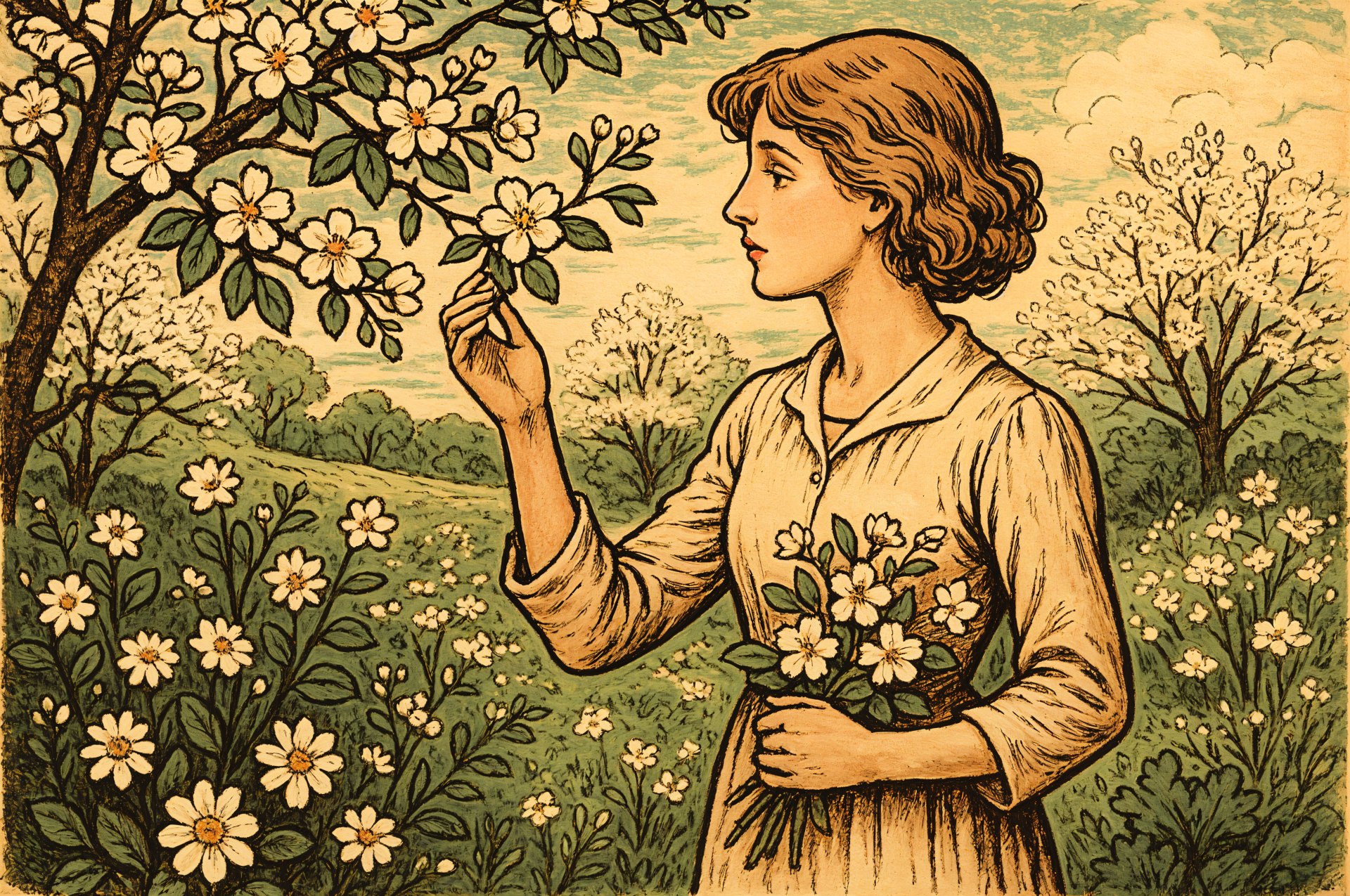 Vintage spring illustration of a woman gathering flowers in a blossoming orchard, rendered as a 4K Ultra HD PC desktop wallpaper and background.