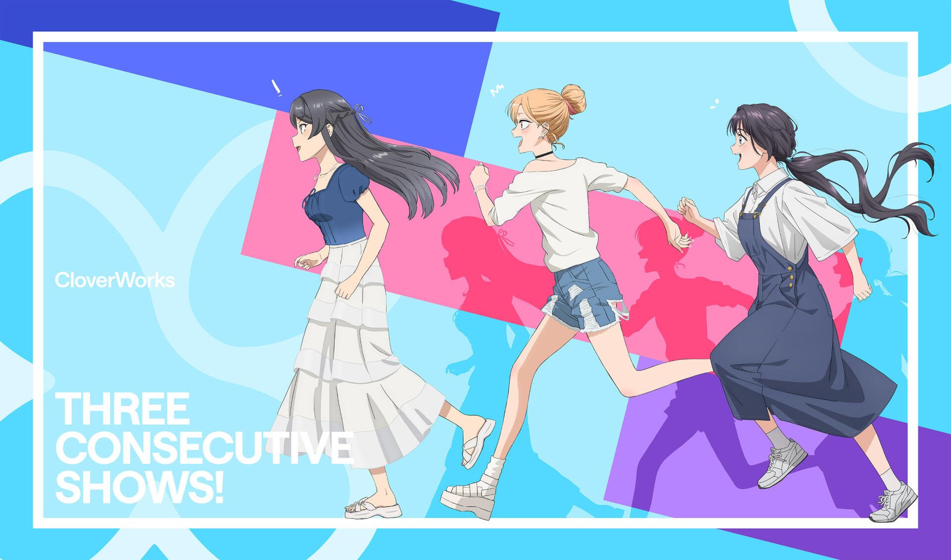 HD anime crossover desktop wallpaper: three girls from My Dress-Up Darling, Rascal Does Not Dream of Santa Claus and Fragrant Flower Blooms With Dignity running across a bright geometric background