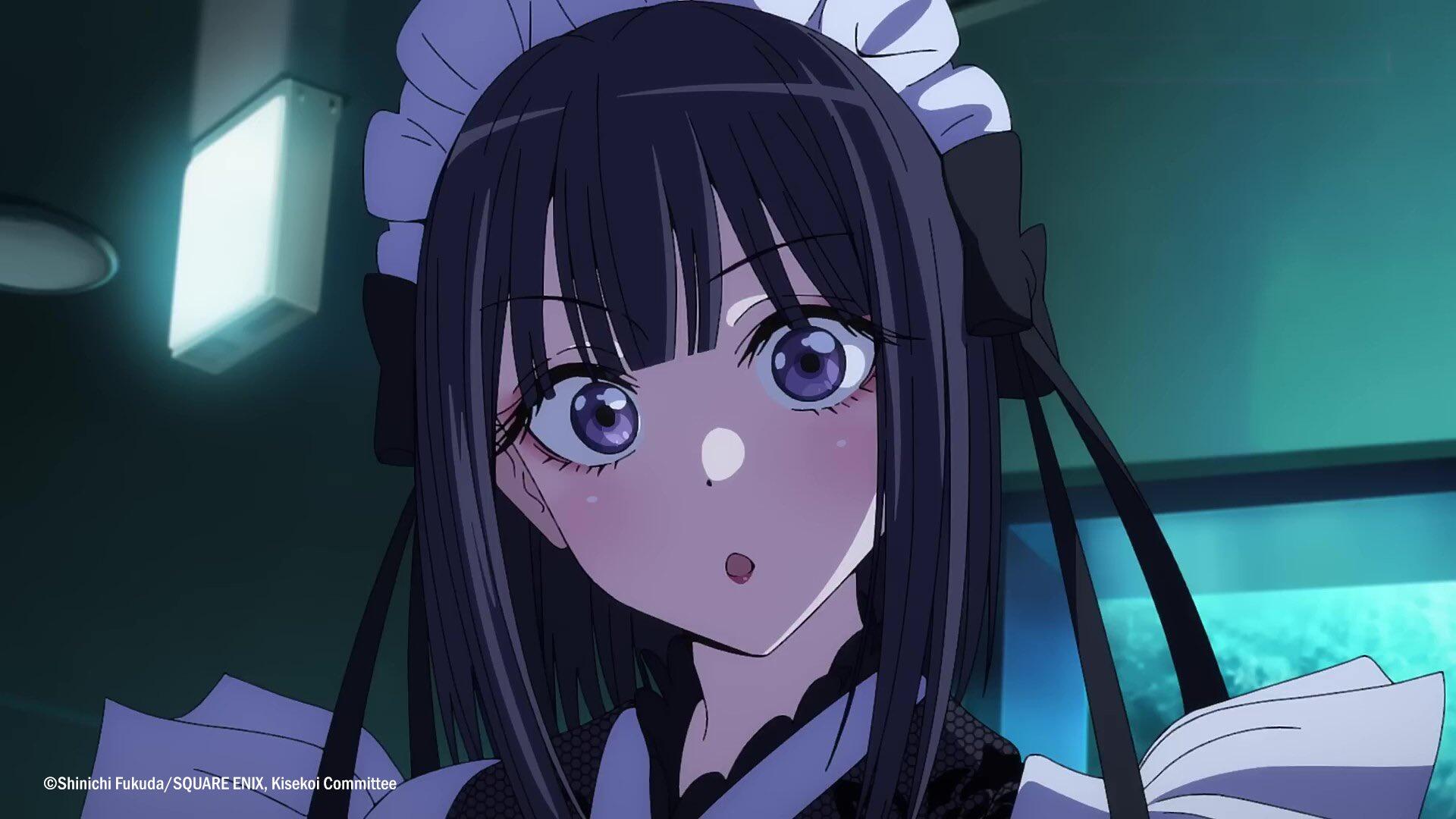 HD PC desktop wallpaper of Marin Kitagawa from the anime My Dress-Up Darling — close-up of her in a maid outfit with a surprised expression against a teal-lit background.