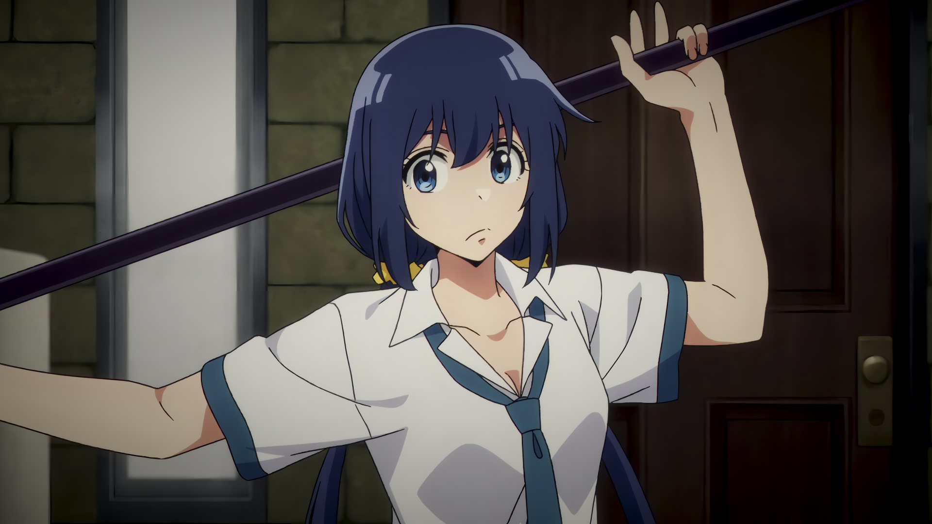 Anime-style 4K wallpaper featuring Mashiro Nakanishi from Detectives These Days Are Crazy! with blue hair, holding a sword in a tense pose.