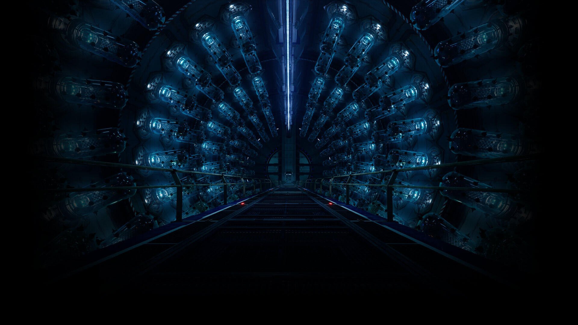 HD PC desktop wallpaper from the video game Stellar Blade, showcasing a futuristic path illuminated by advanced technology in a dark, sci-fi environment.