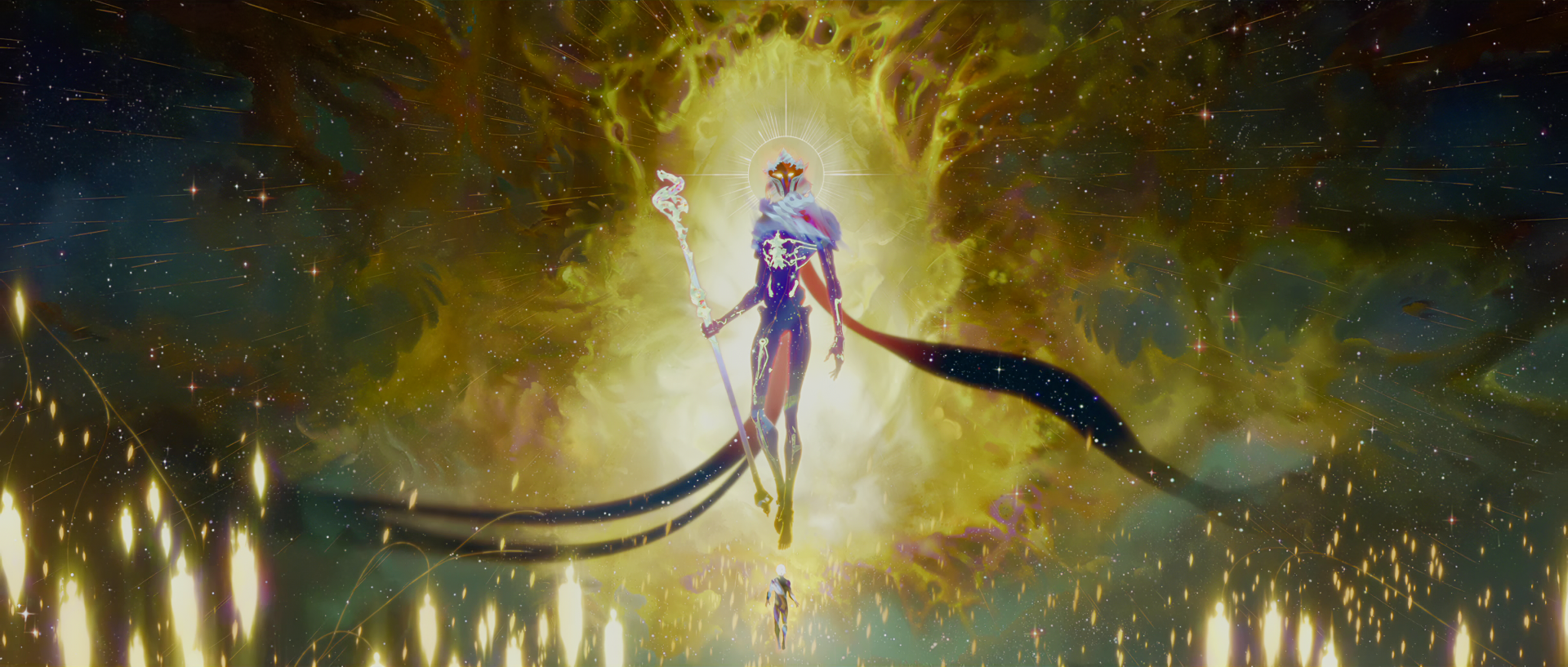 HD PC desktop wallpaper featuring a mystical character from the TV show Arcane, surrounded by glowing energy and an ethereal golden aura.