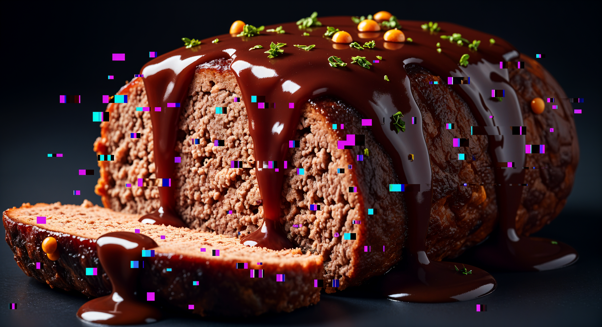 Close-up of a sliced meatloaf topped with rich brown gravy and garnished with herbs and peas, presented in 4K Ultra HD for PC desktop wallpaper.