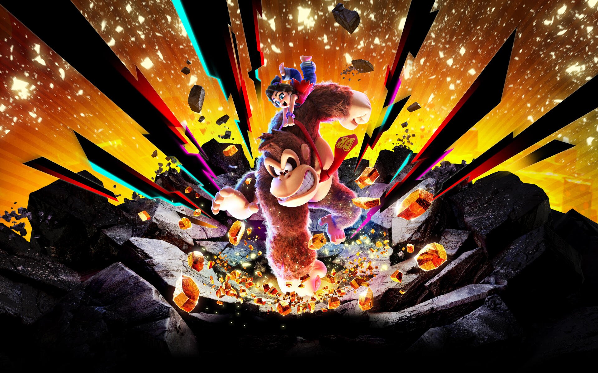 Donkey Kong Bananza 8K Ultra HD PC wallpaper: Donkey Kong bursts through glowing rubble with Pauline (Mario) behind him, set against an explosive, starry orange-black background.
