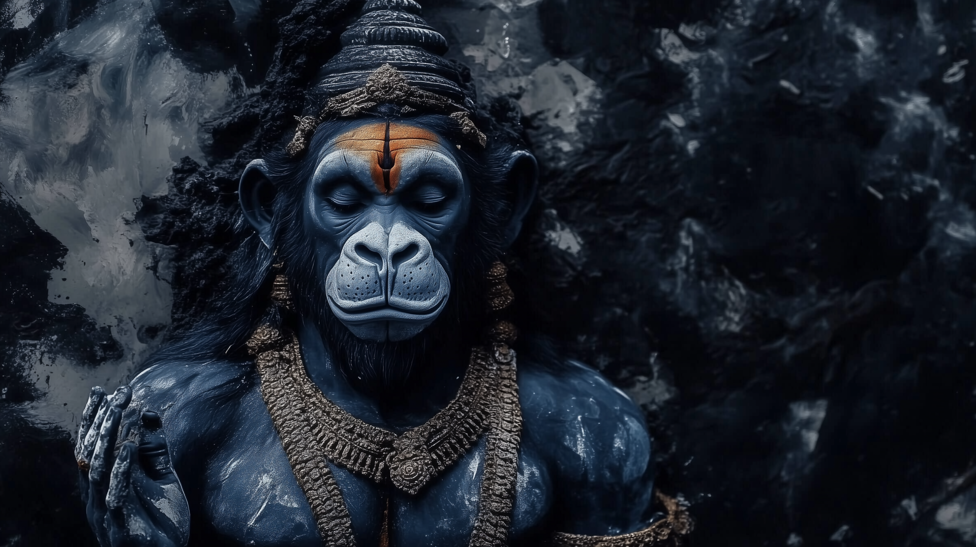 HD desktop wallpaper featuring a detailed depiction of Lord Hanuman from Hinduism, showcasing his serene and powerful form against a dark, textured background.