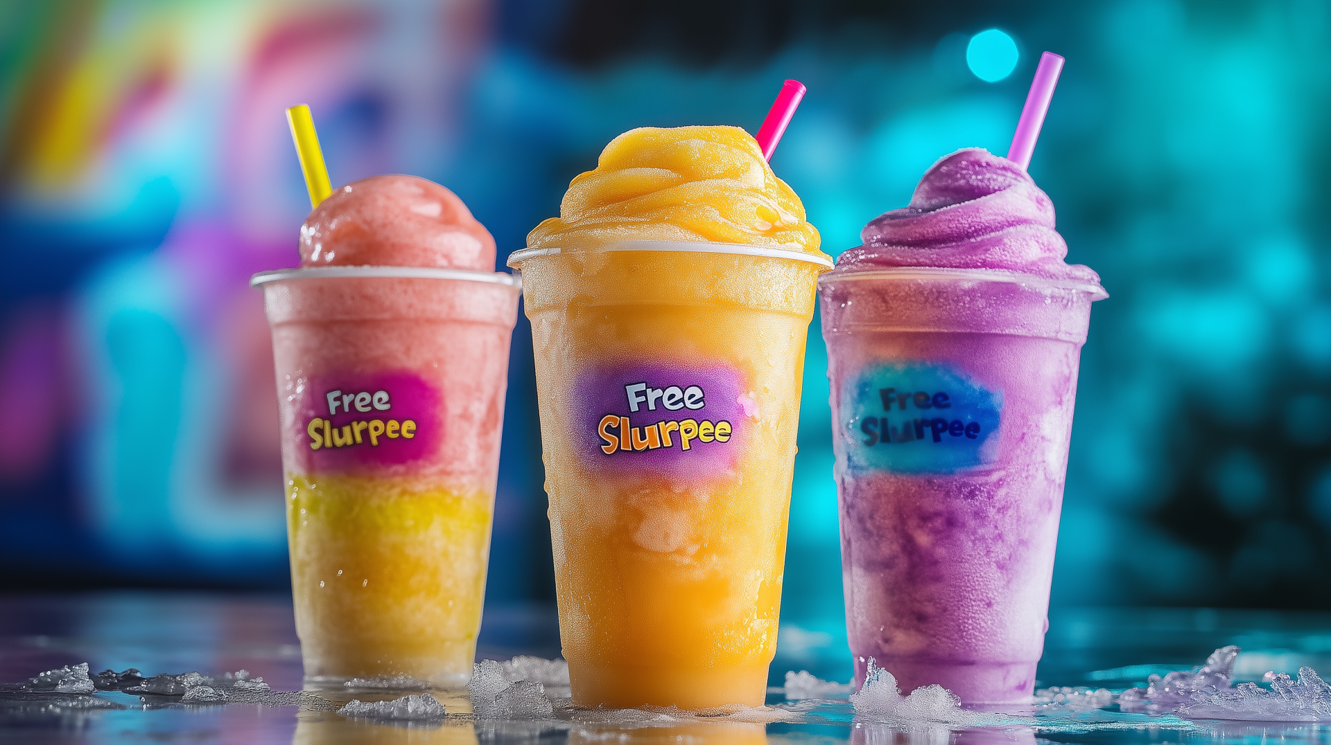 Three colorful Slurpee drinks with straws sit on ice against a vibrant, blurred background, creating a bright and refreshing HD desktop wallpaper.
