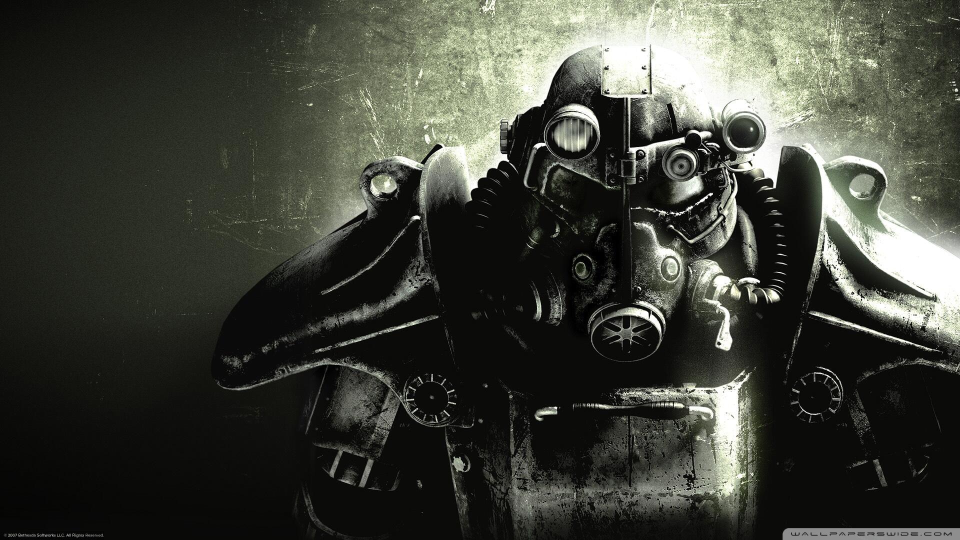 HD PC desktop wallpaper featuring a detailed close-up of a power armored figure from Fallout 3 against a textured, muted green background.