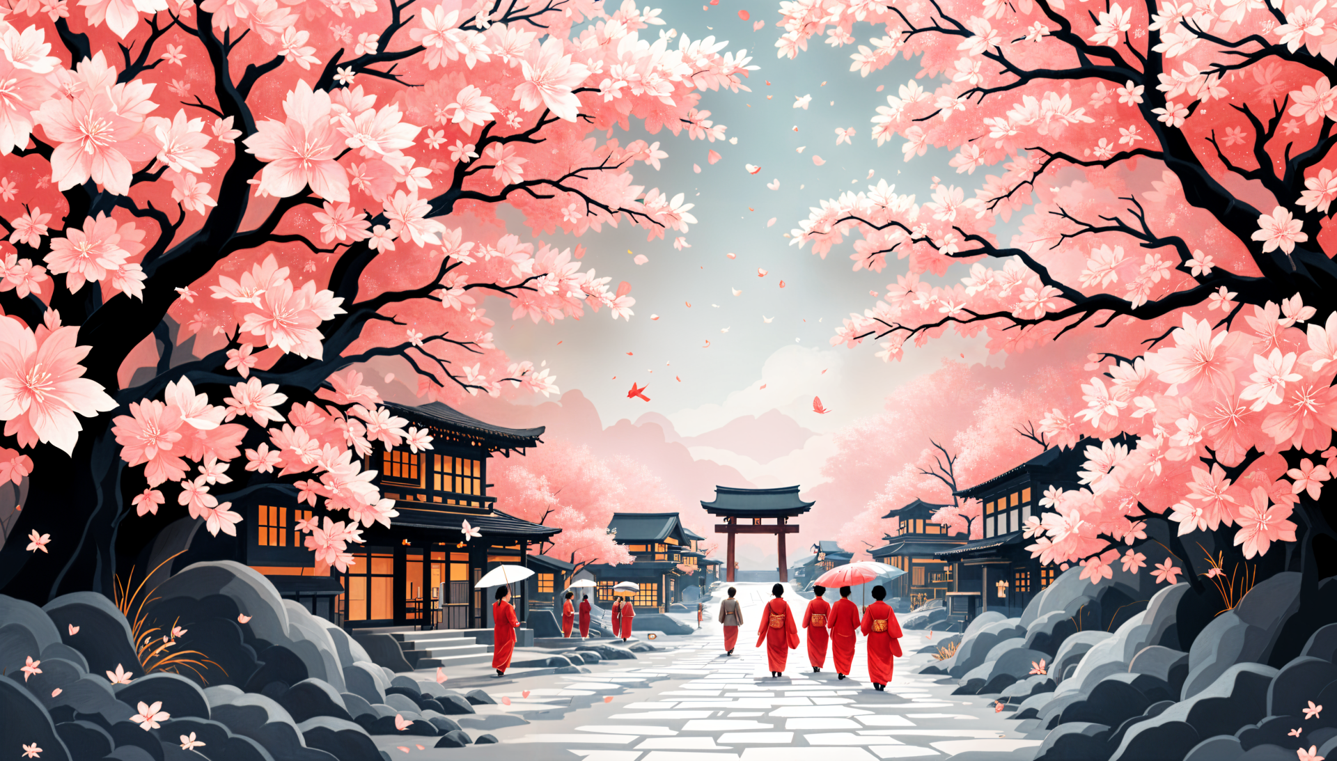 4K Ultra HD PC wallpaper featuring a serene cherry blossom festival scene with traditional Japanese architecture and figures walking under vibrant pink sakura trees.