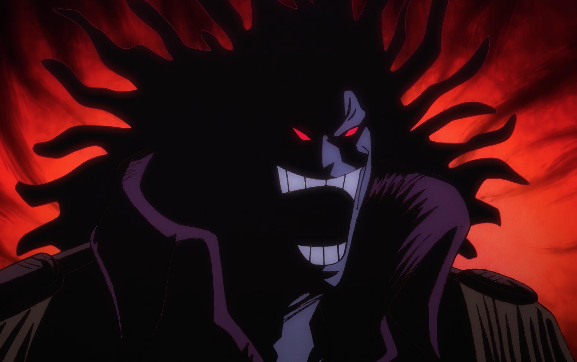 HD anime desktop wallpaper featuring Rocks D. Xebec from One Piece with a dark, menacing silhouette and glowing red eyes against a fiery red background.