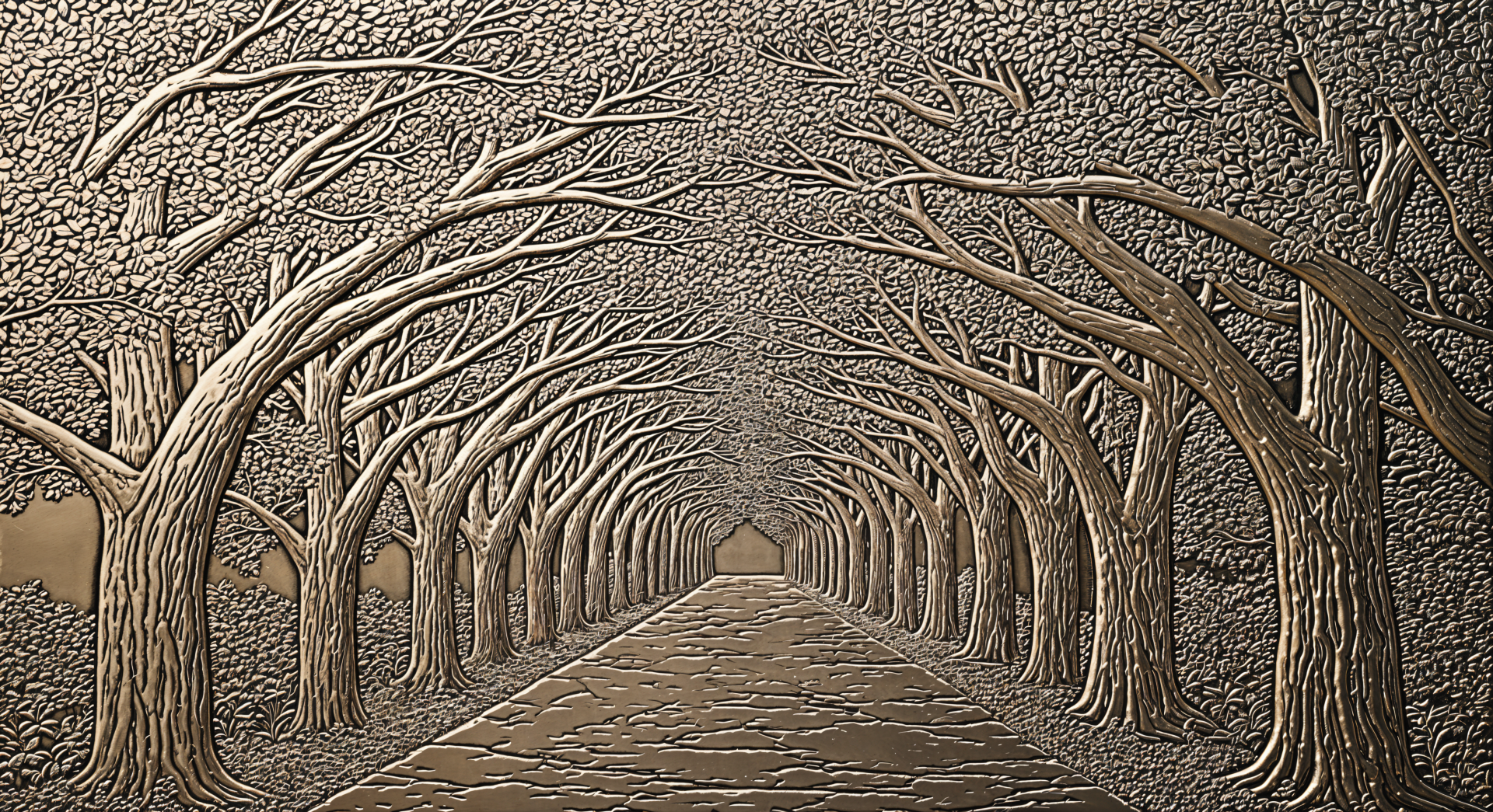 4K Ultra HD PC desktop wallpaper showing an artistic tree tunnel with bare branches arching over a cobblestone path, creating an intricate and textured natural corridor.