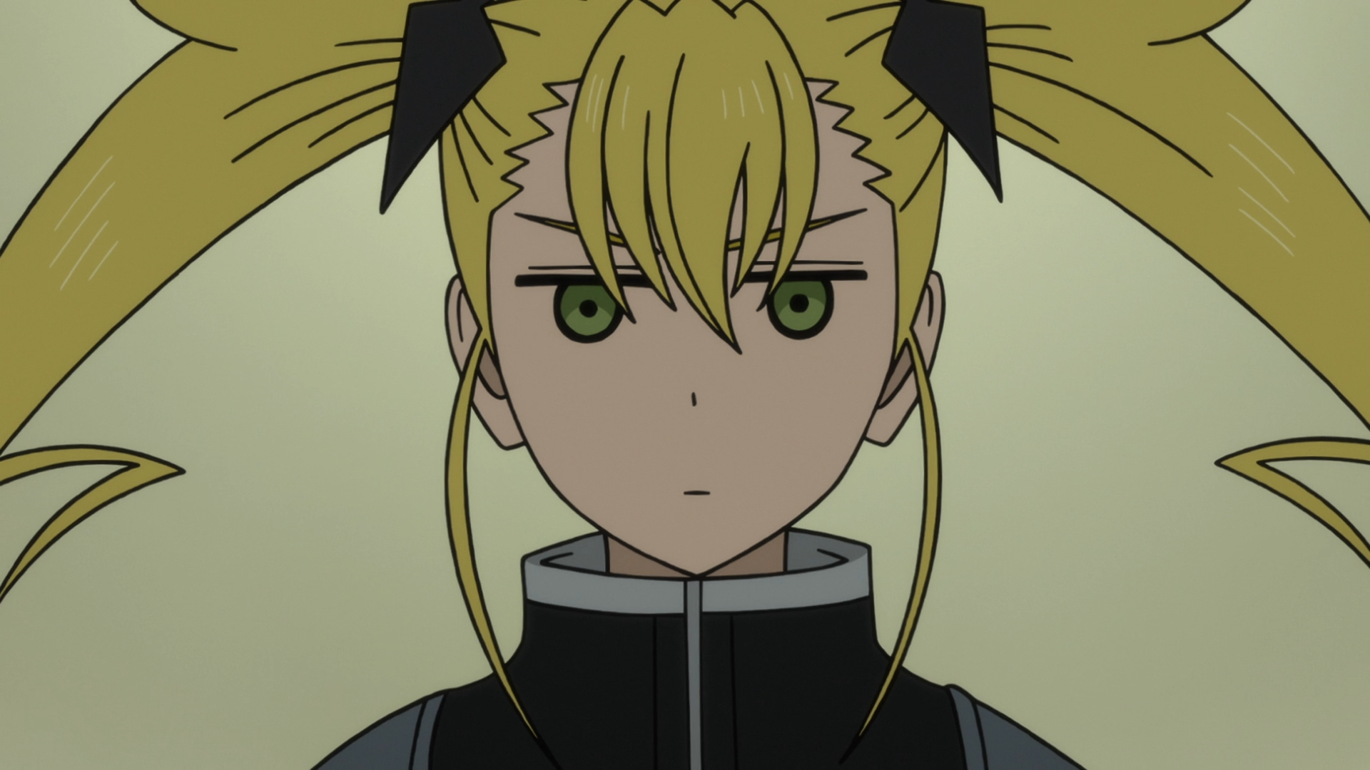 HD anime desktop wallpaper featuring Kikoru Shinomiya from Kaiju No. 8, showcasing her serious expression and distinct twin-tailed hairstyle.