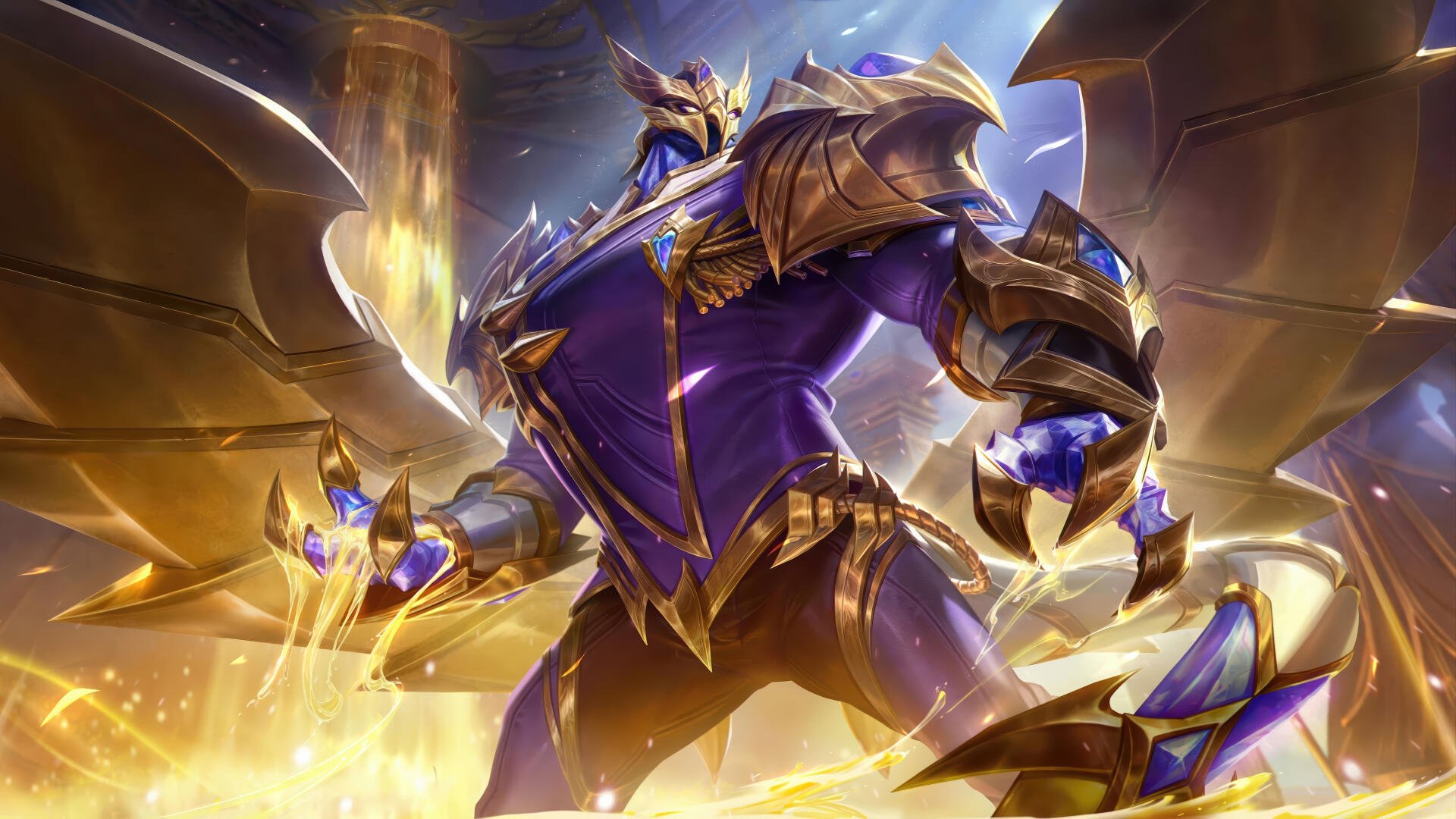 Epic 8K Ultra HD wallpaper of Galio from League of Legends, showcasing the armored hero with glowing blue crystals and powerful wings in a dynamic pose.