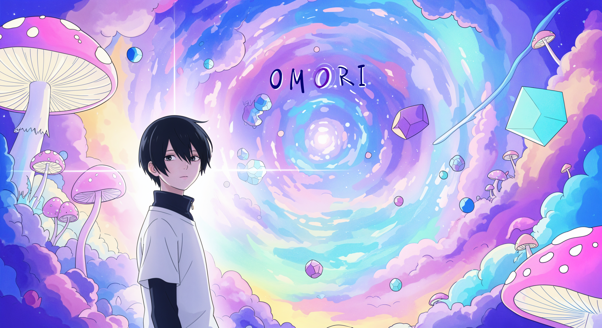OMORI 4K Ultra HD PC desktop wallpaper featuring a dark-haired character standing against a vibrant, swirling pastel sky filled with floating crystals and oversized mushrooms.